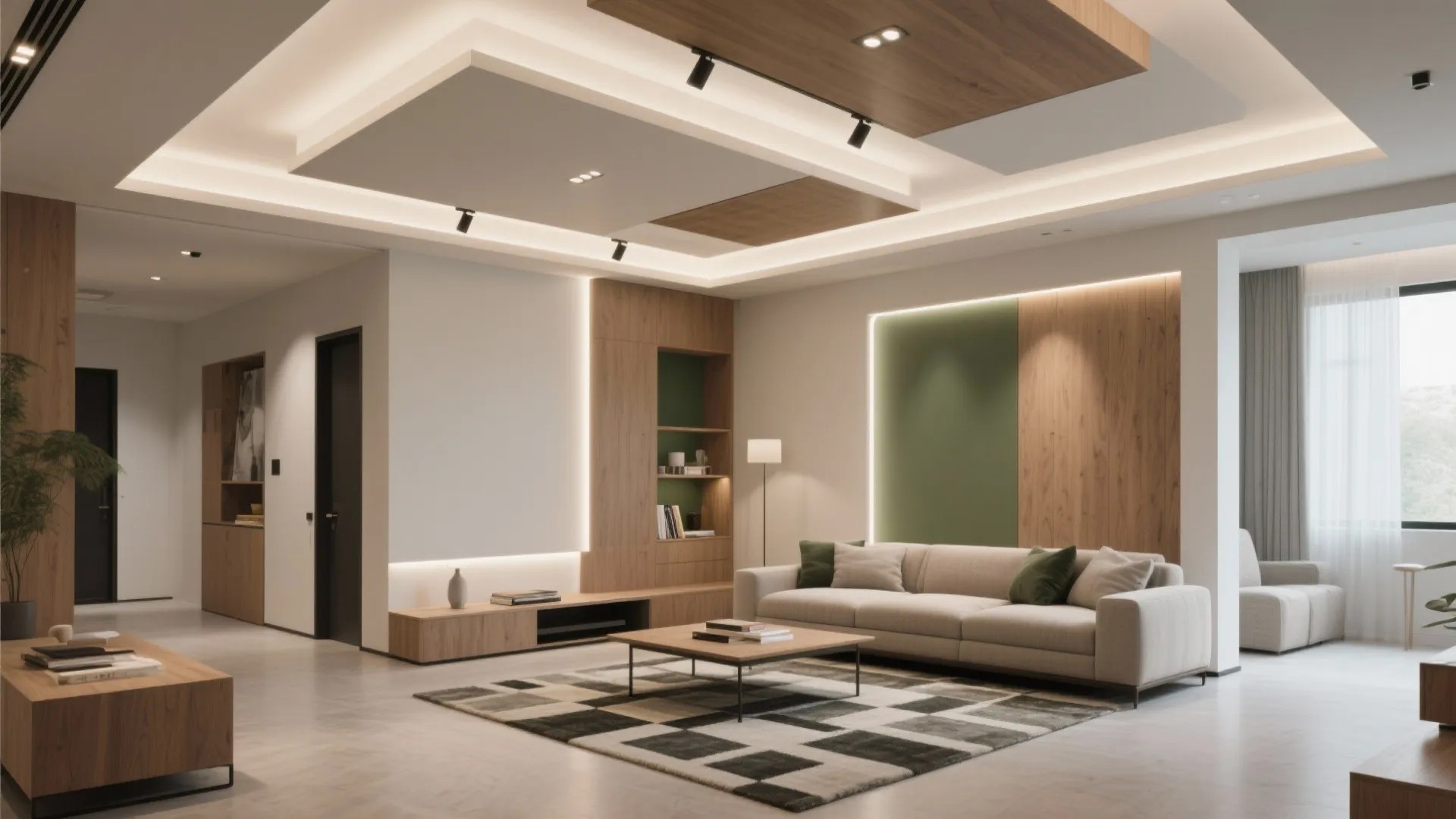 Modern living room with beige sofa green wall panel wooden cabinet checkered rug and light