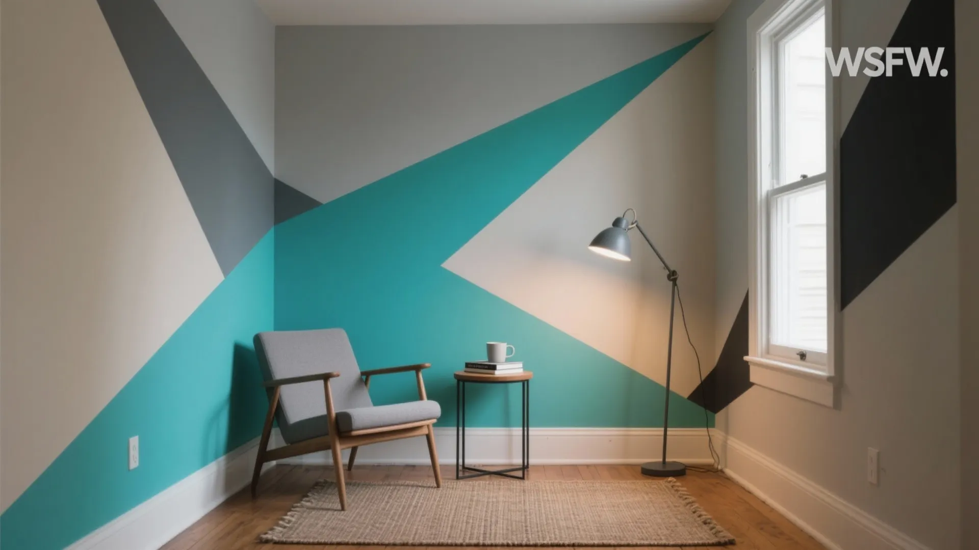 Reading corner with teal geometric wall paint grey armchair small side table and floor lamp