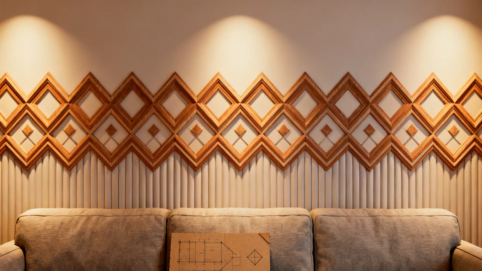 Modern living room focal wall with repeating diamond geometric trim pattern behind a sofa.