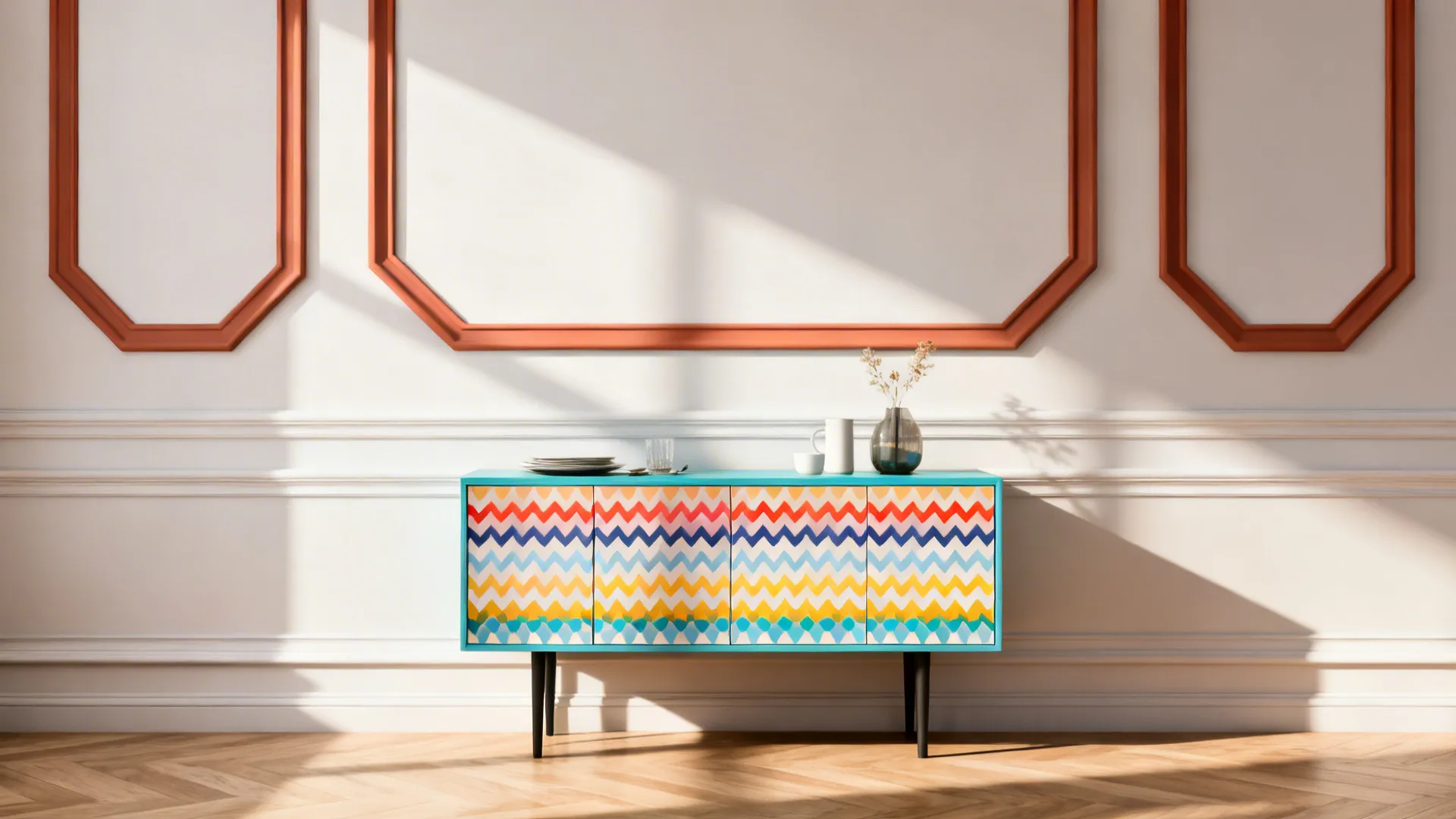 Colorful zig-zag pattern cabinet standing against a white wall with orange geometric wall panel designs