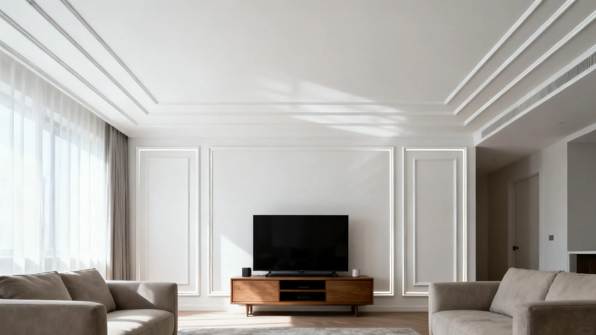 Shallow POP geometric trims add pattern to a small living room ceiling without lowering height.