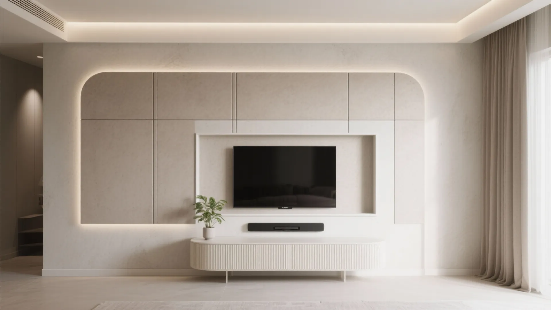 Modern living room wall panel with television green plant white cabinet and hidden warm lighting