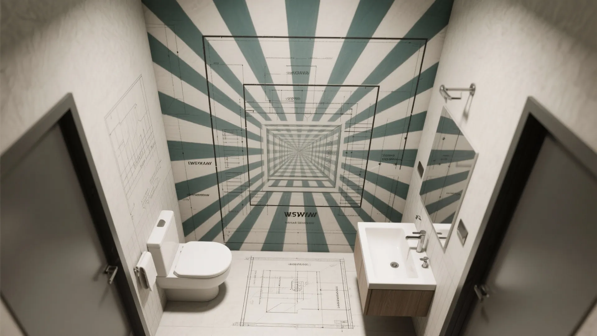 Small white bathroom with a toilet and sink plus a blue geometric optical illusion wallpaper