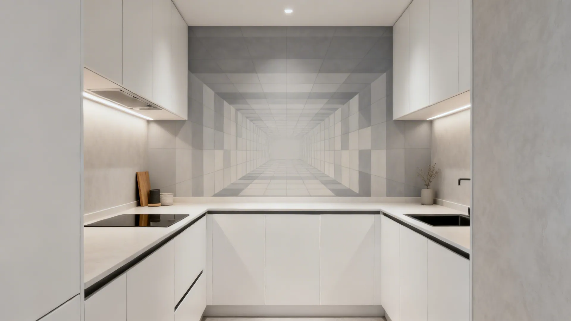 Studio kitchenette with a soft geometric perspective grid wallpaper that makes the far wall recede.