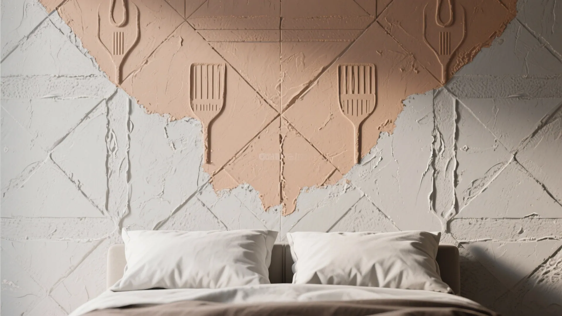 Bedroom headboard with white and orange textured wall panel design behind two large white pillows