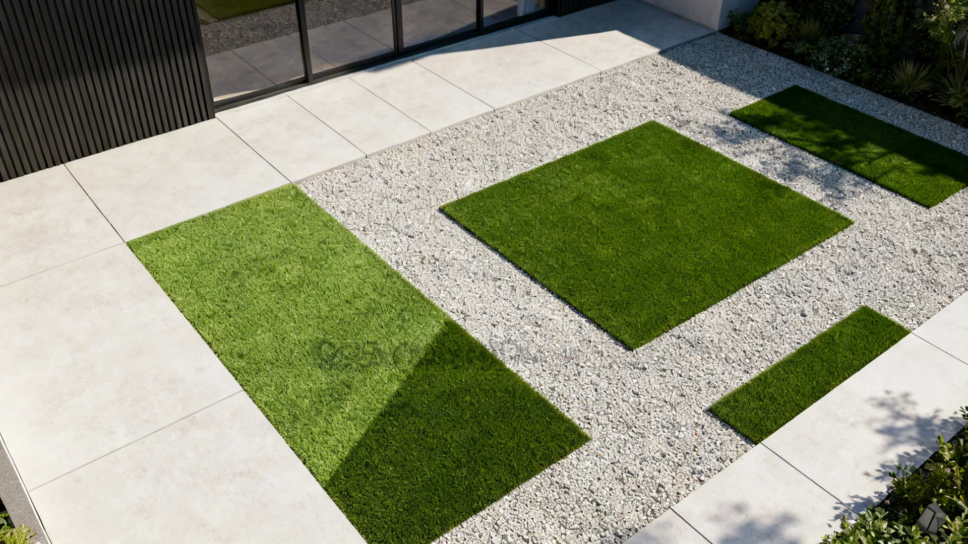 Modern courtyard with geometric artificial turf insets within compacted gravel