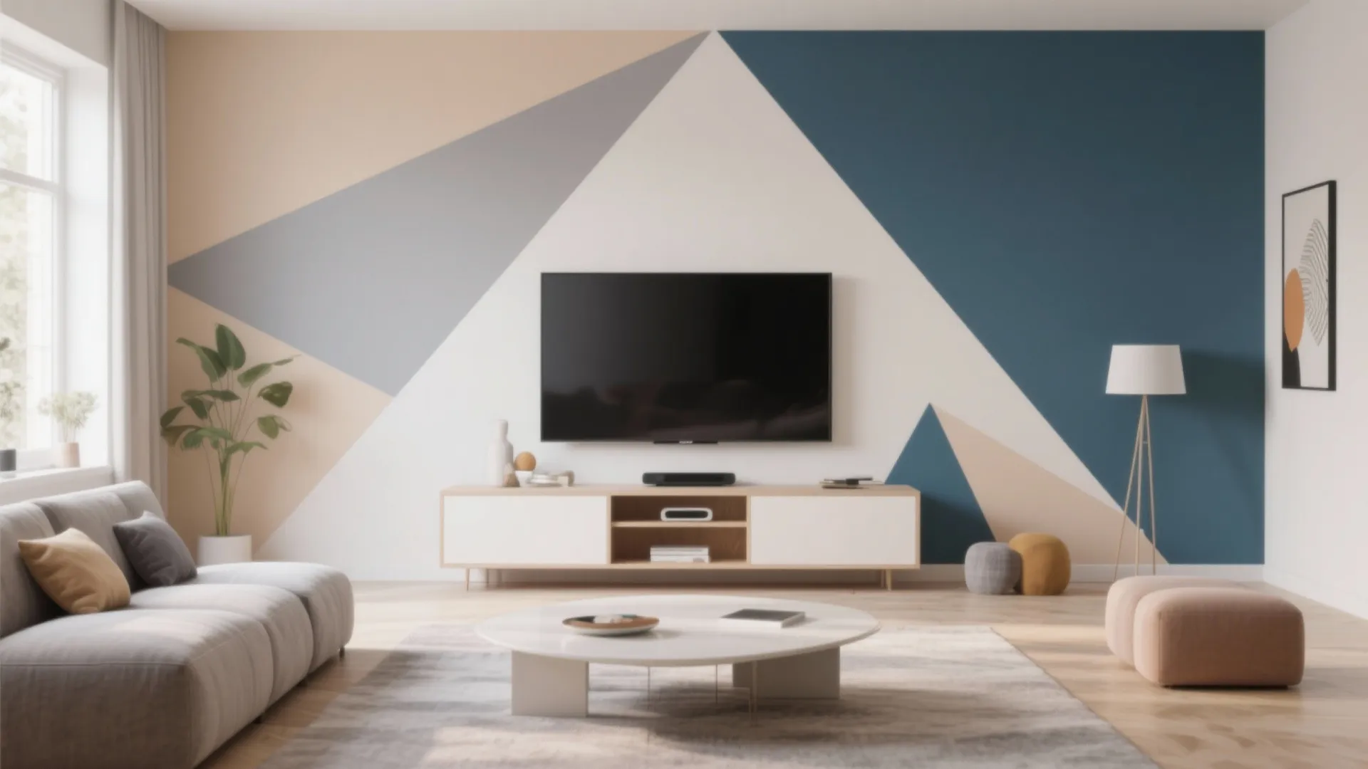 Modern living room with geometric wall paint, wooden cabinet, grey sofa, and white coffee table