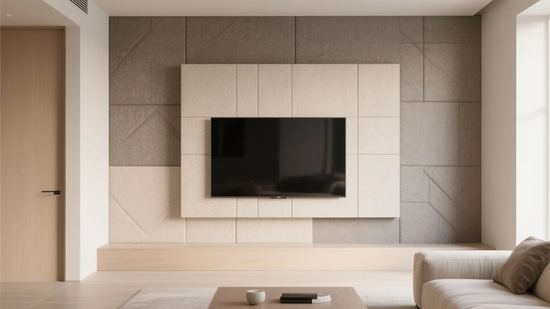 Minimalist living room design featuring a geometric wall panel layout behind a large flat television