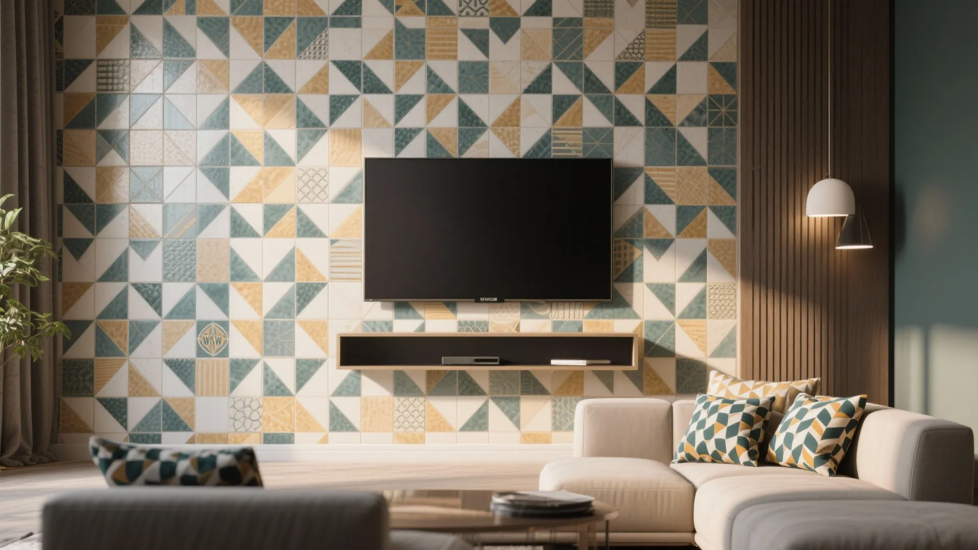 3. Geometric patterned tiles as a focal point behind the TV