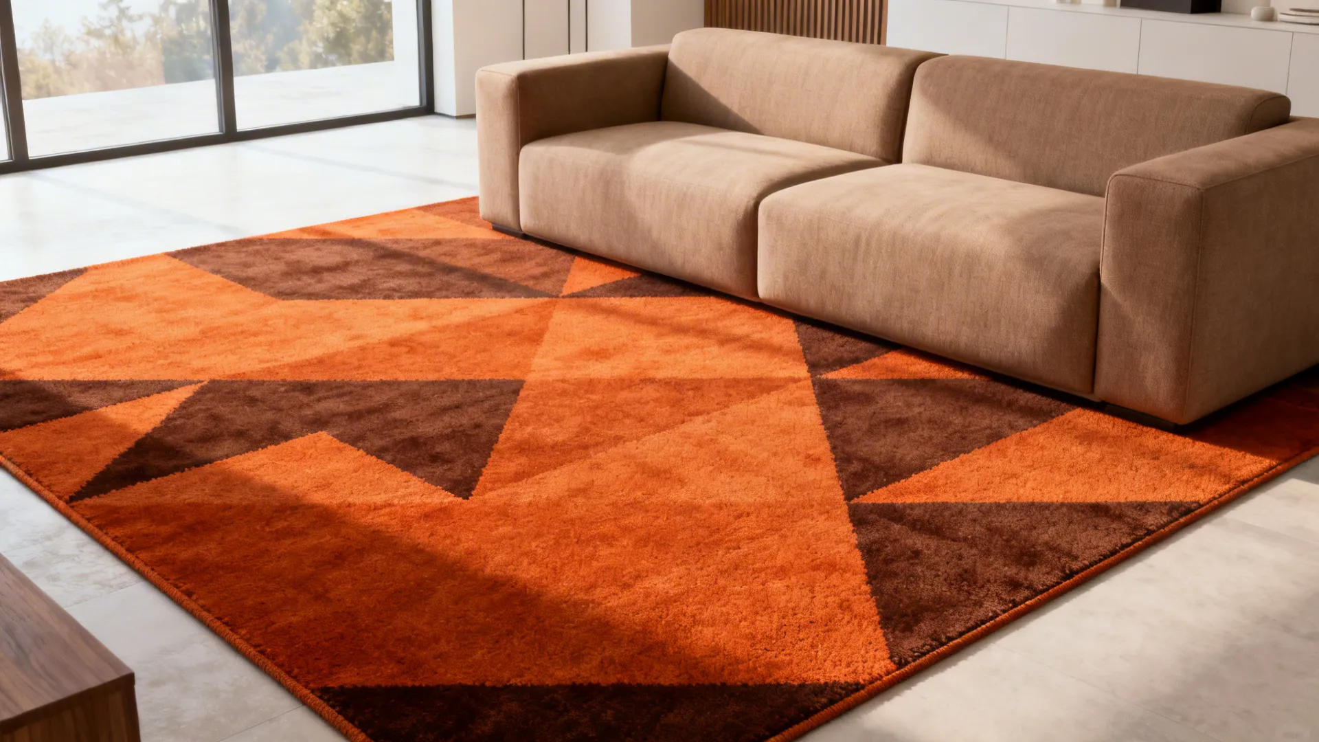 Modern geometric orange and brown rug in front of a tan sofa in bright living room