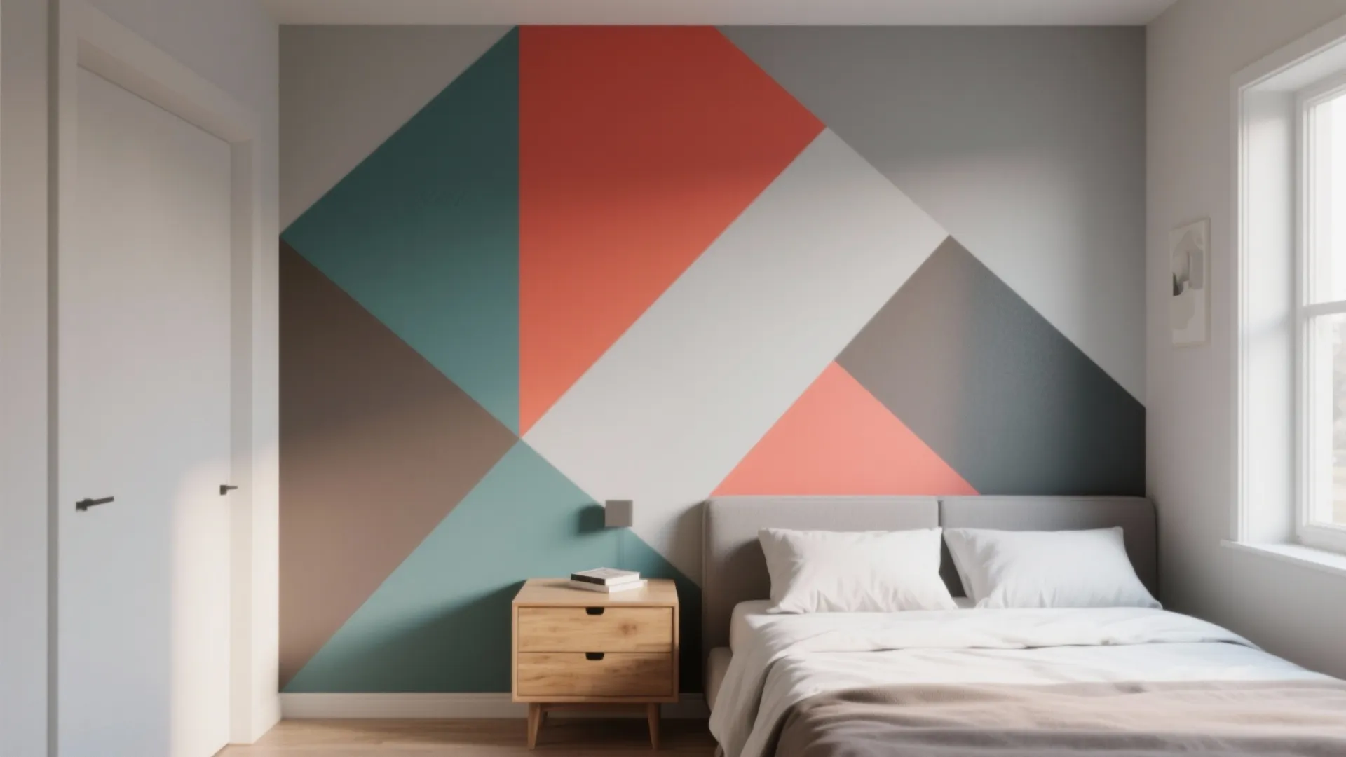 Modern bedroom with colorful geometric wall paint design plus wooden nightstand and white bedding set