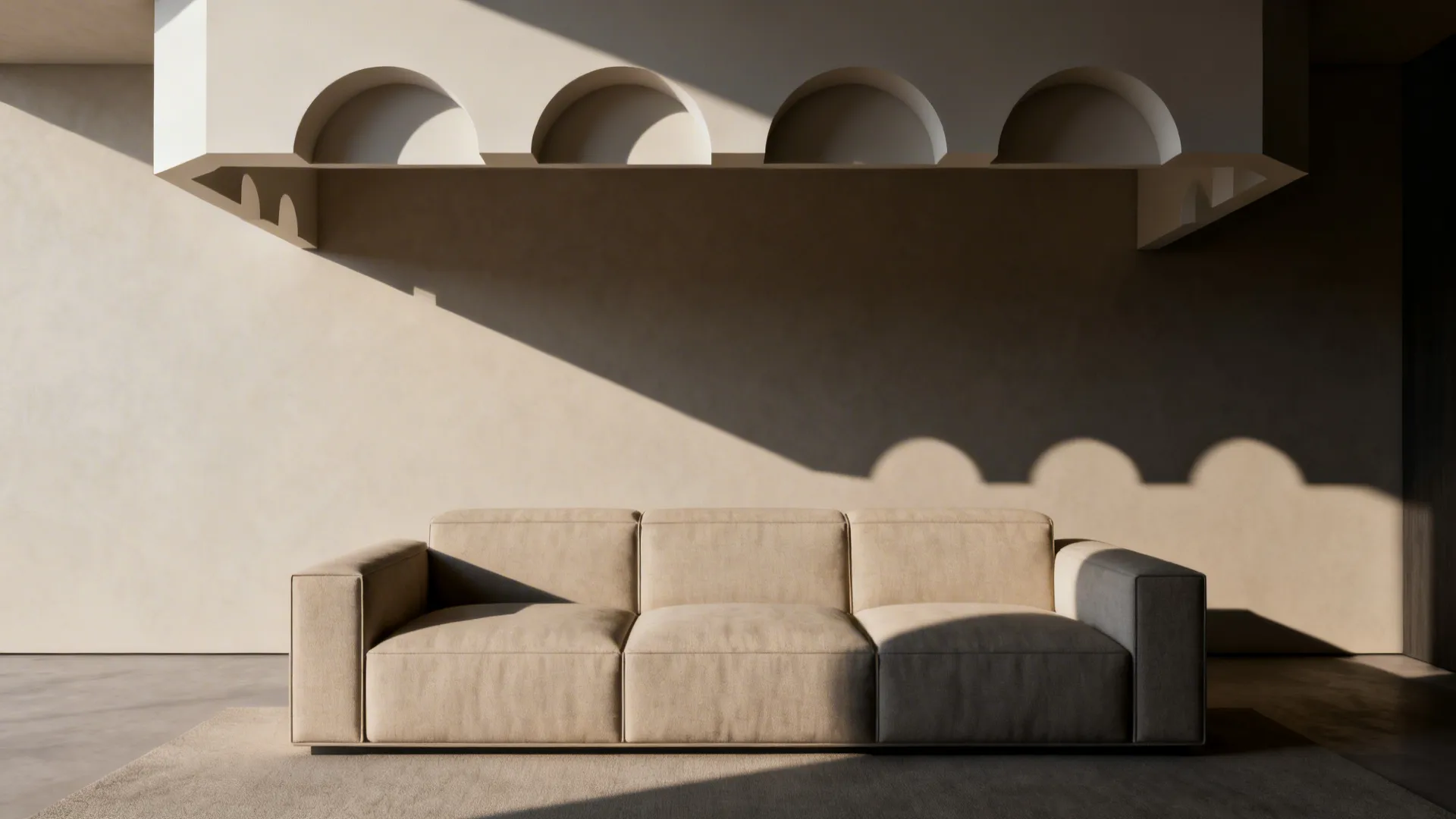 Geometric-cut valance with subtle arcs acting as an architectural crown above a sofa.