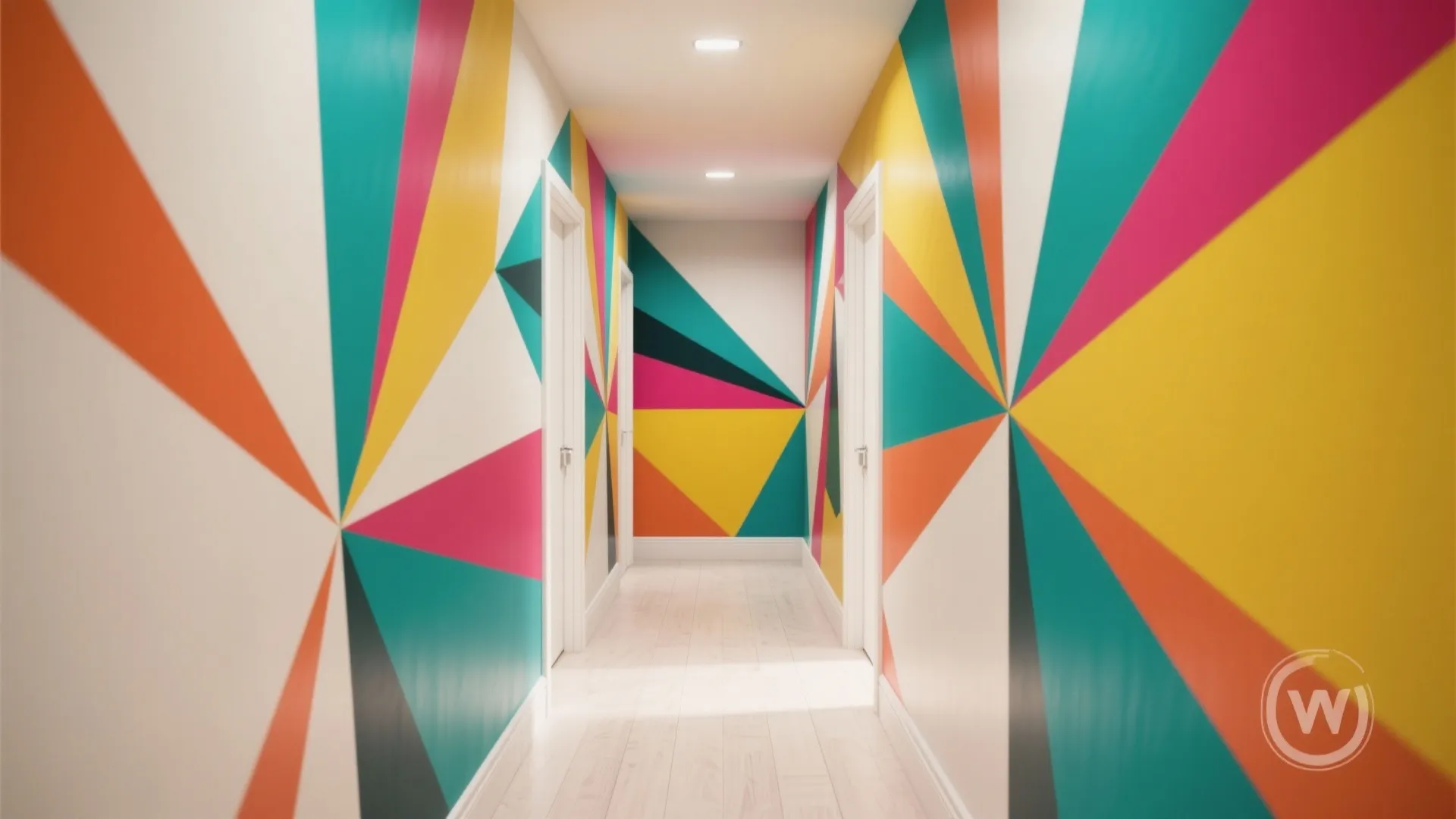 Bright white hallway decorated with colorful geometric wall patterns in orange yellow blue and pink tones
