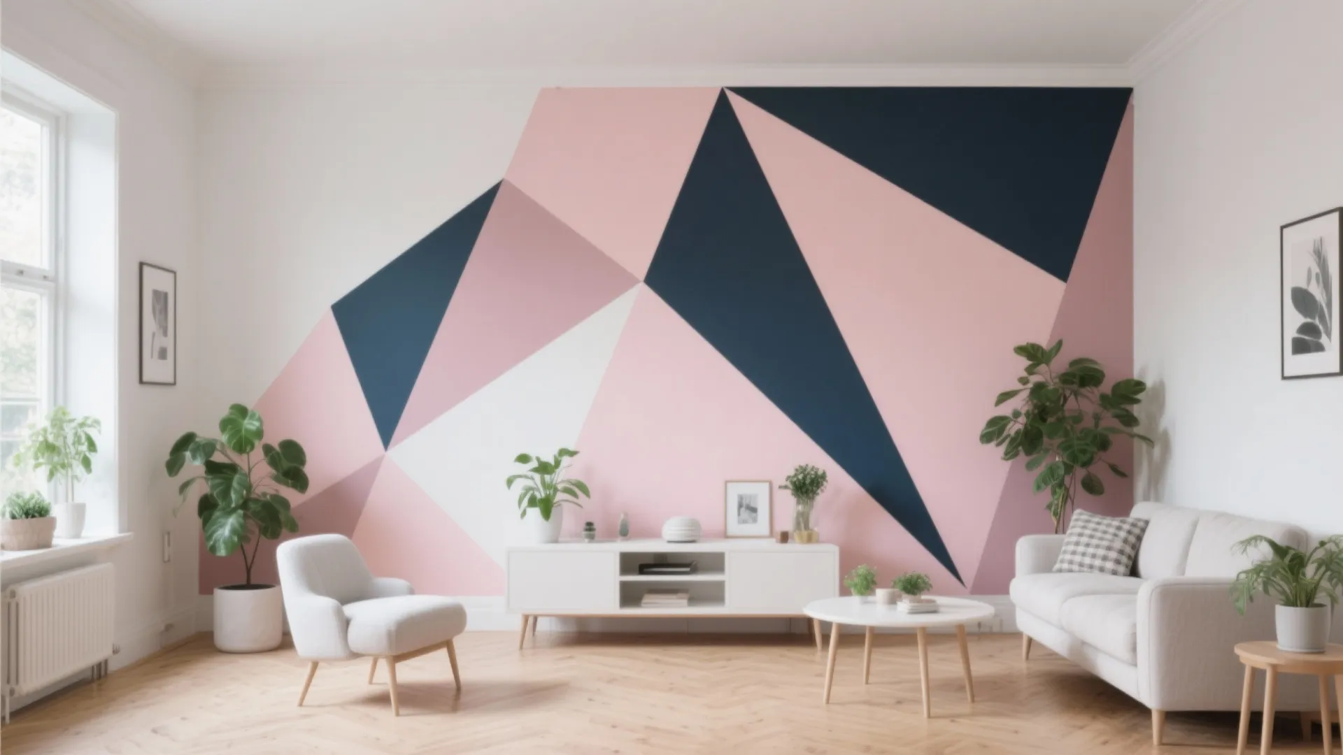 Living room with pink and blue geometric wall paint plus white sofa and wooden floor