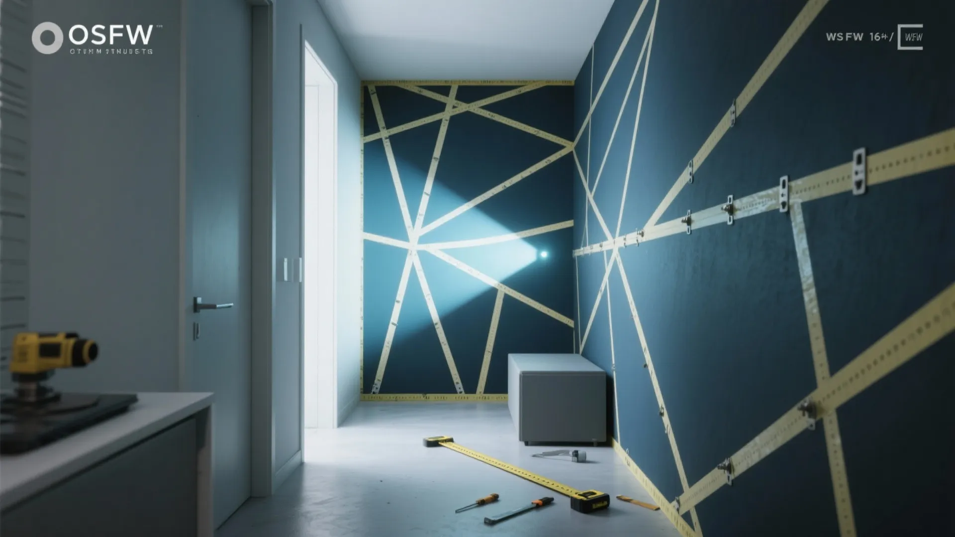 Dark blue wall with yellow tape geometric design plus light beam and tools on floor