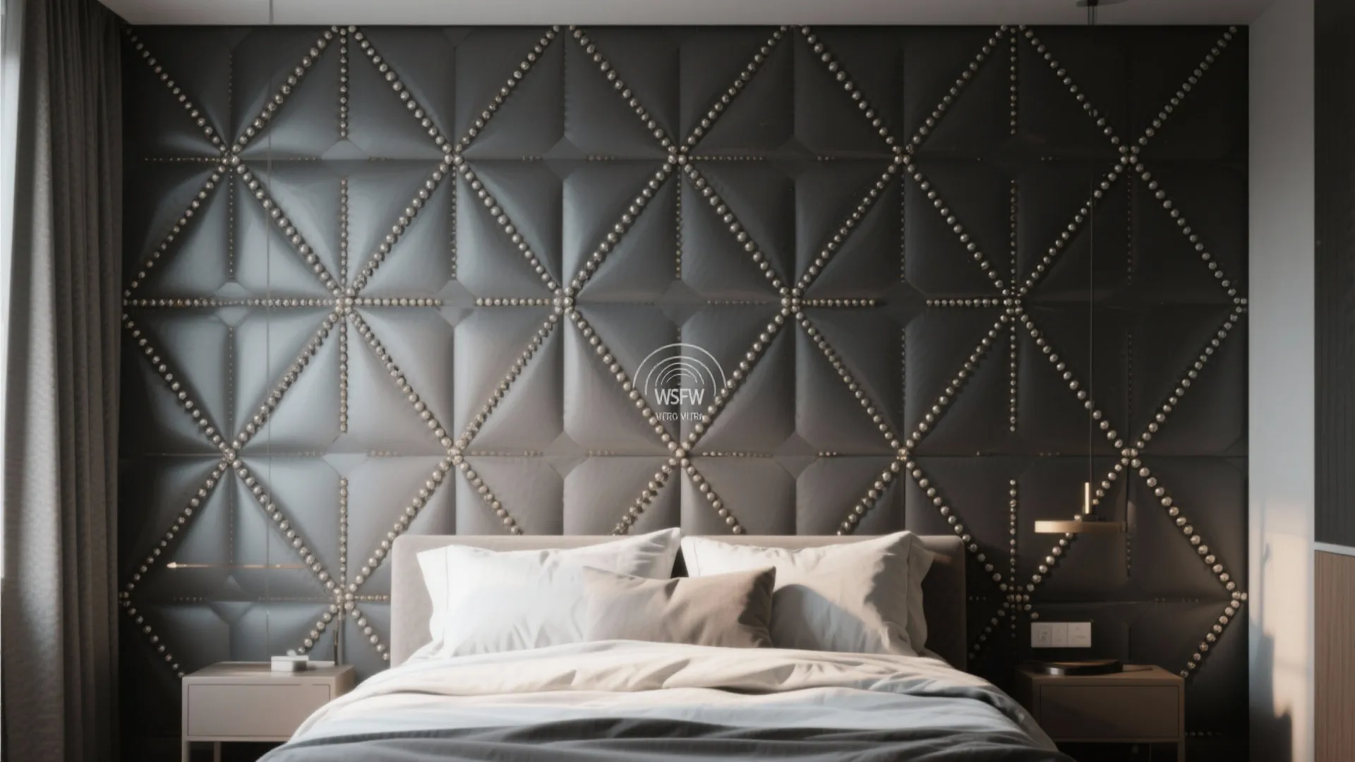 Modern bedroom showing a grey geometric patterned wall panel behind a bed with white bedding