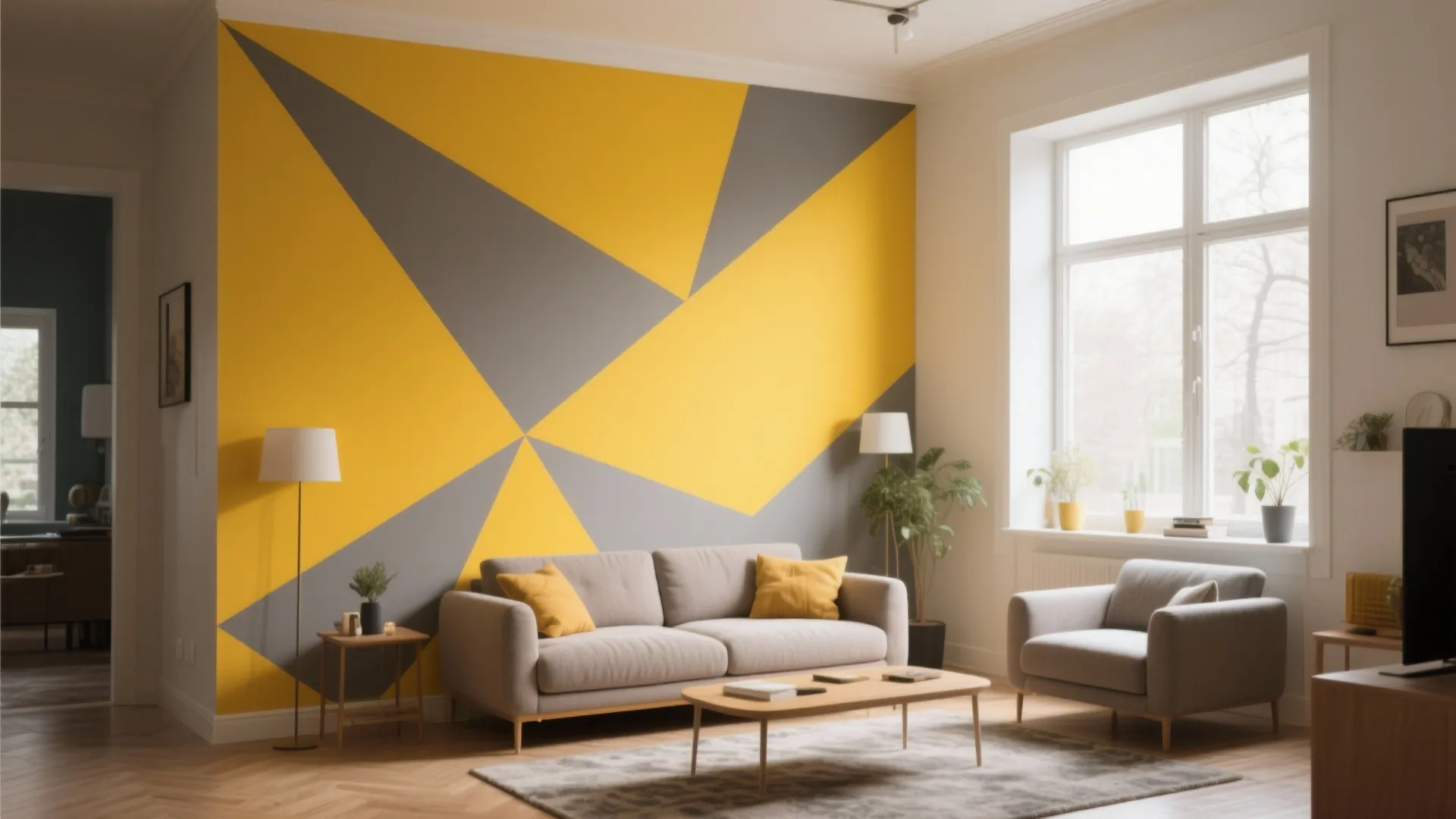 Modern living room with yellow and grey geometric wall pattern grey sofa and coffee table