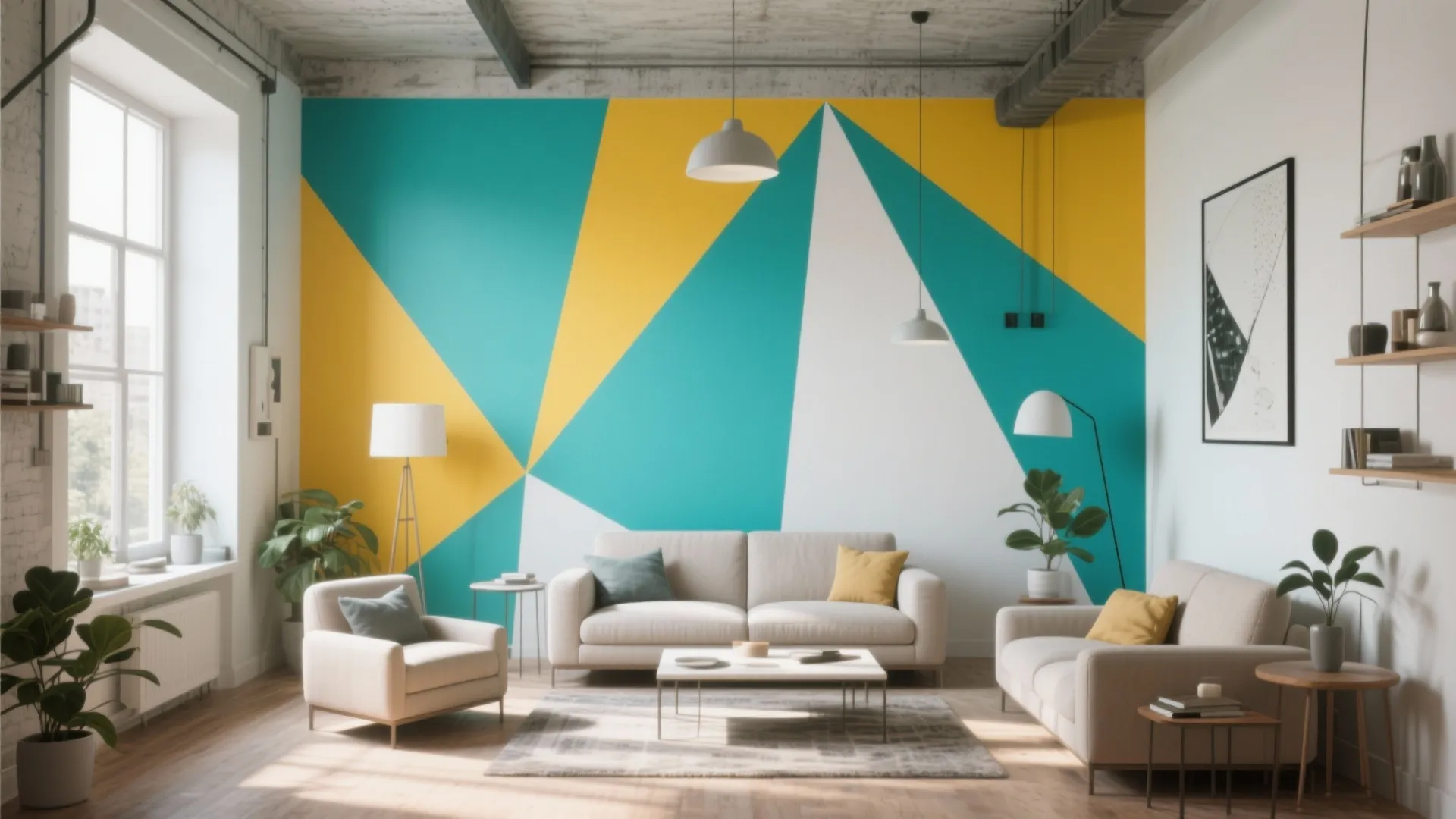 Modern loft living room featuring colorful geometric wall paint with white sofa and grey carpet
