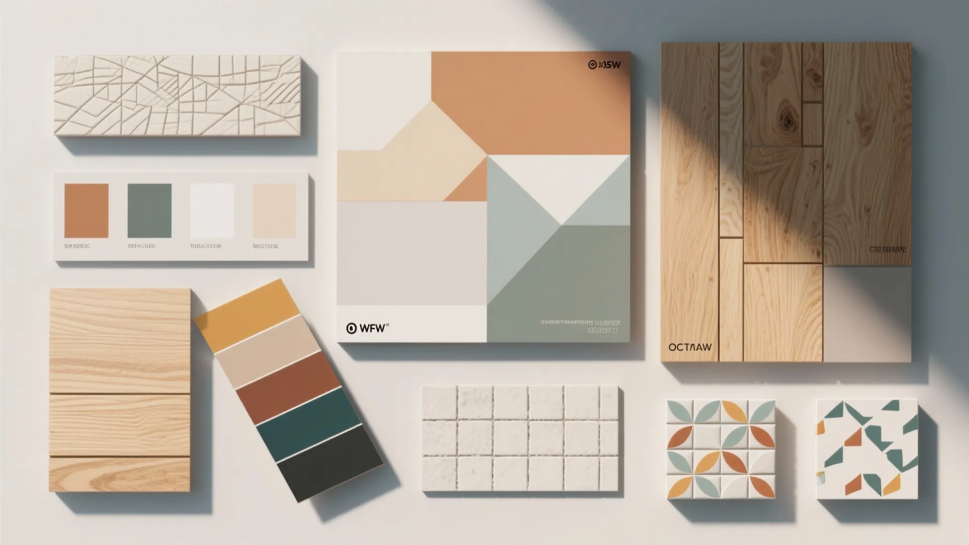 Mood board showing wood panel samples color swatches and geometric tiles for interior design decoration