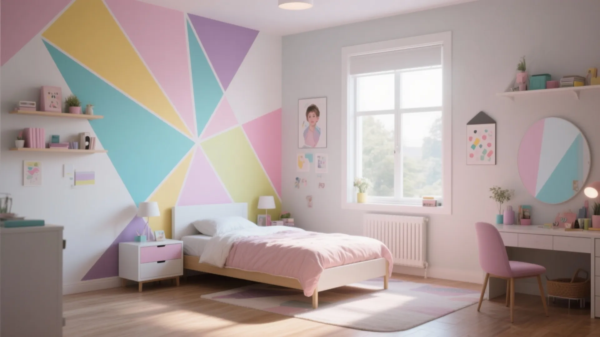 Colorful kids bedroom with a geometric wall paint design white bed and pink desk chair