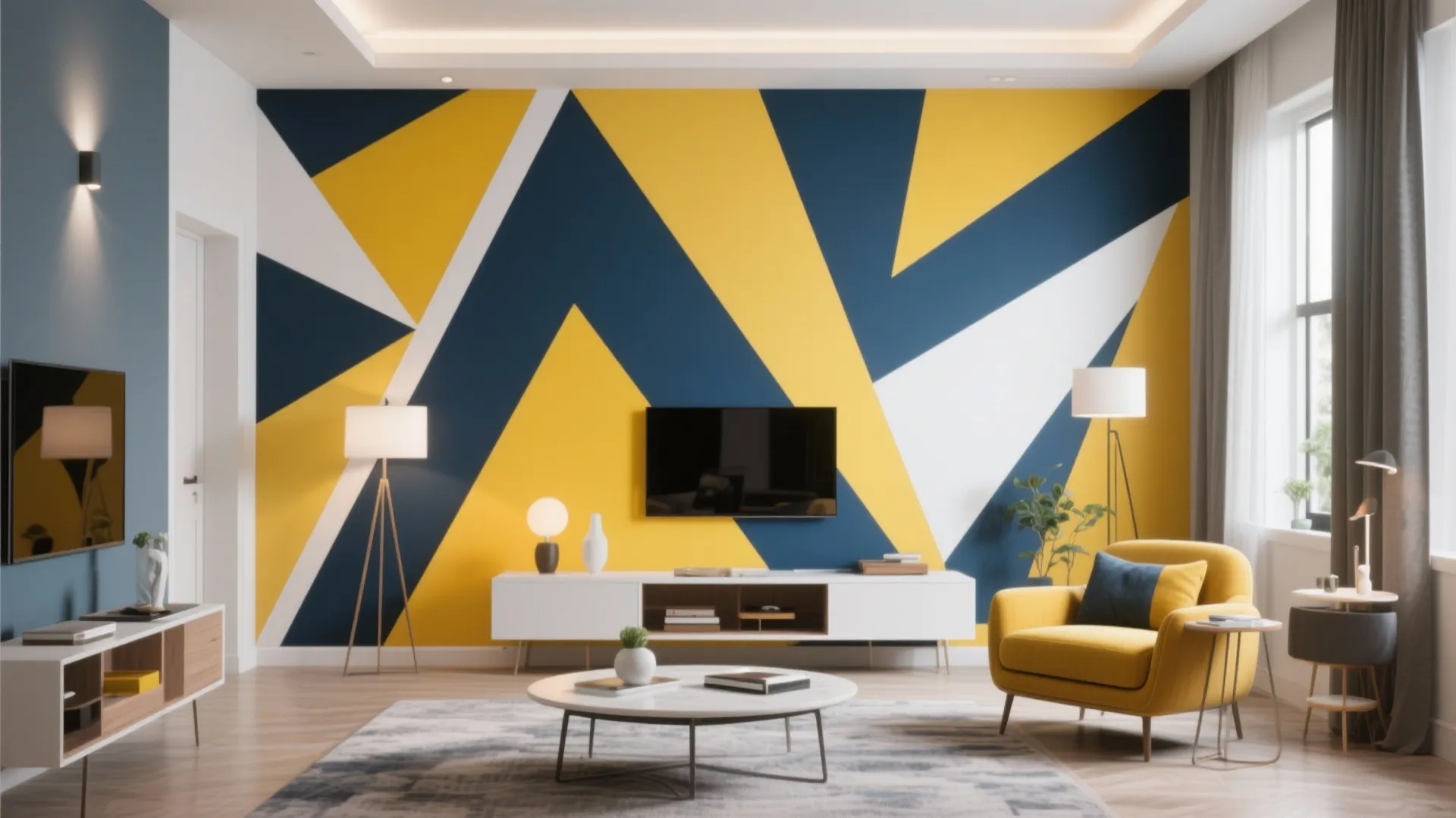 Drawing room with bold geometric wall patterns in navy, mustard, and white
