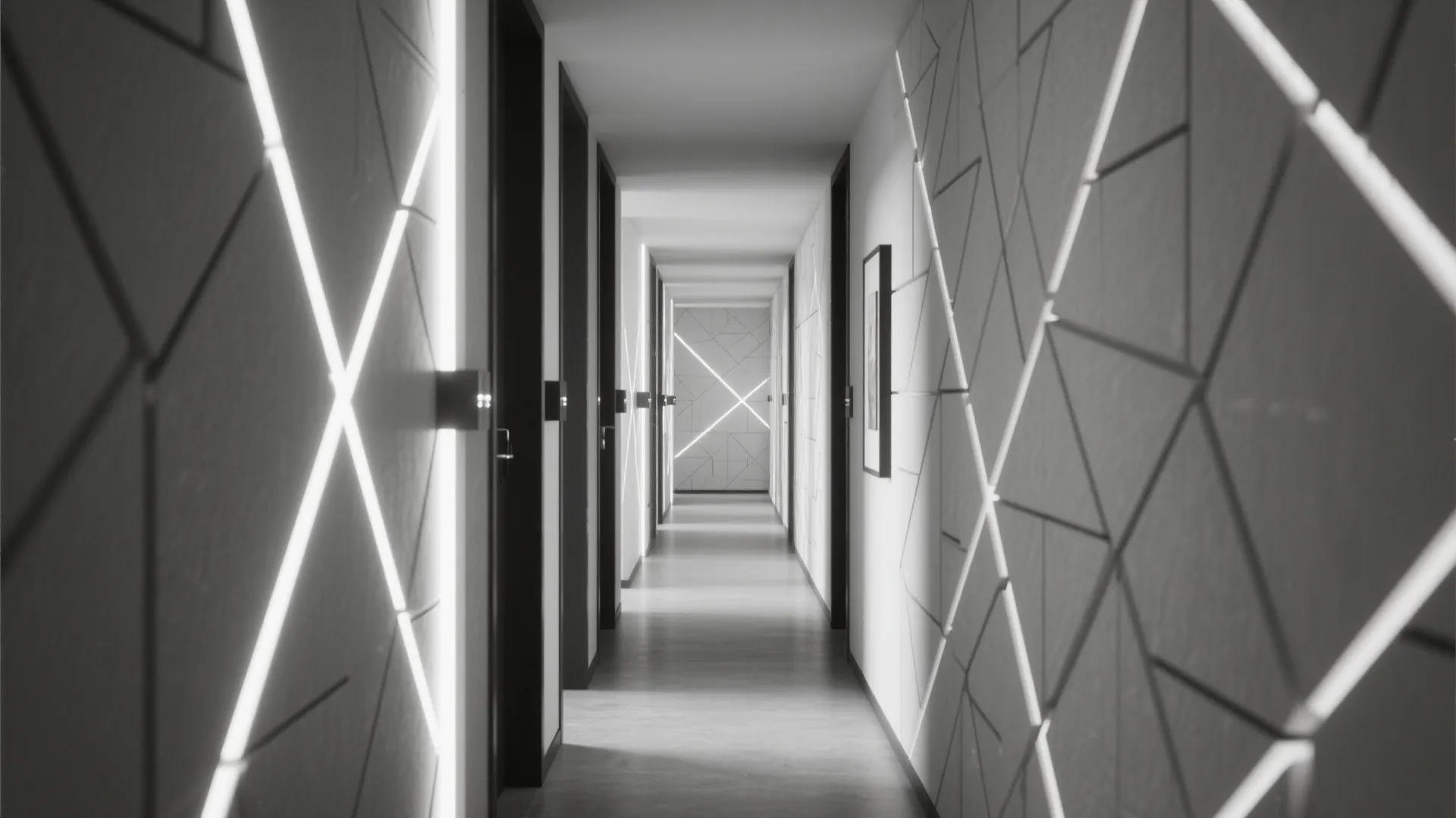 Modern hallway interior design with geometric wall panel patterns and bright integrated white light strips
