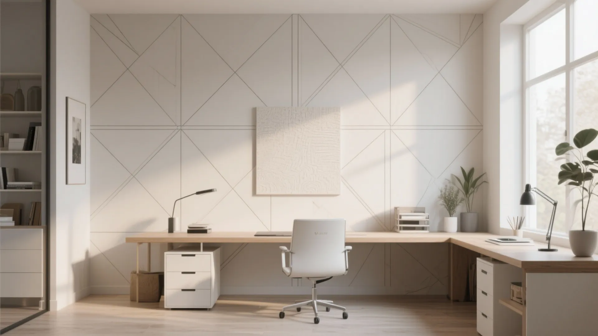 Bright home office with a white chair wooden corner desk and geometric pattern on wall