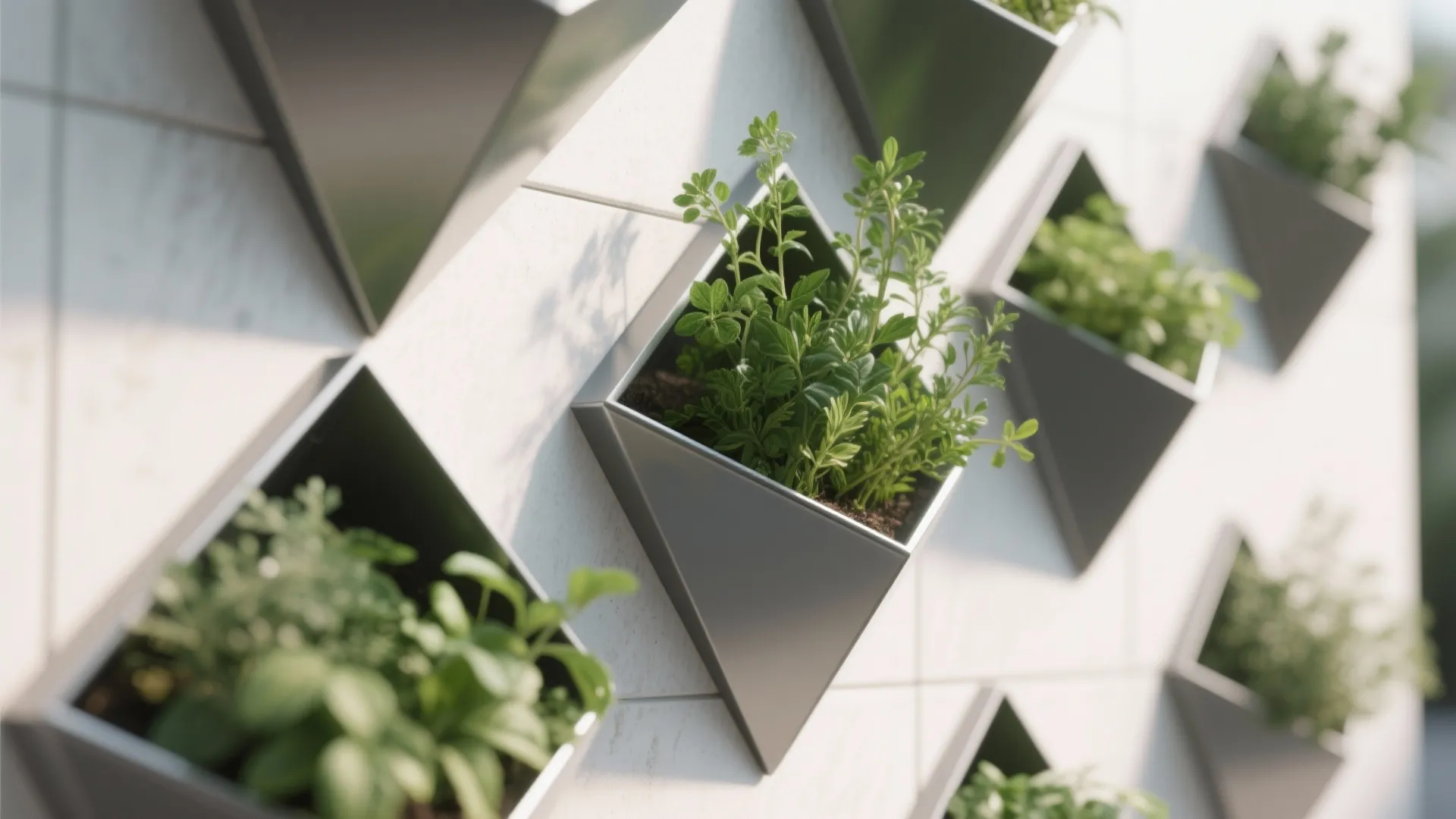 Modern white wall decorated with black geometric metal wall planters holding fresh green leafy plants