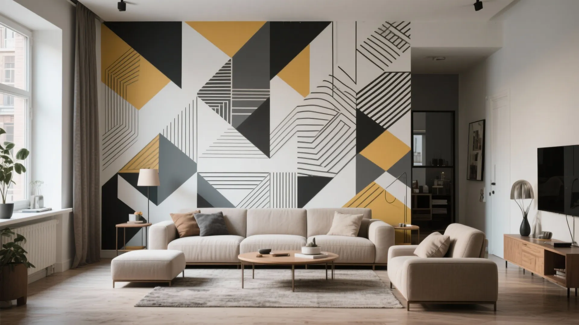 Living room featuring a large geometric pattern wall with yellow grey and black shapes and sofa