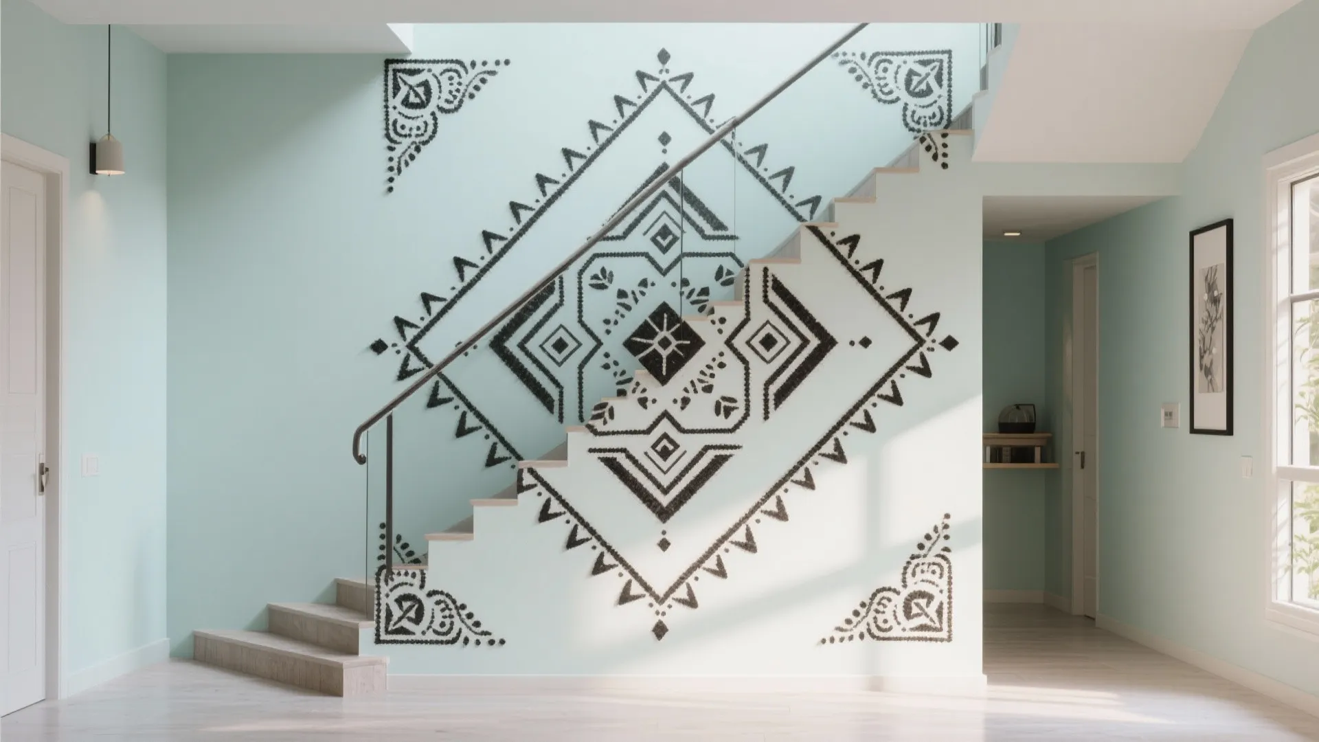 Modern black geometric wall patterns on light blue walls next to a simple wooden staircase