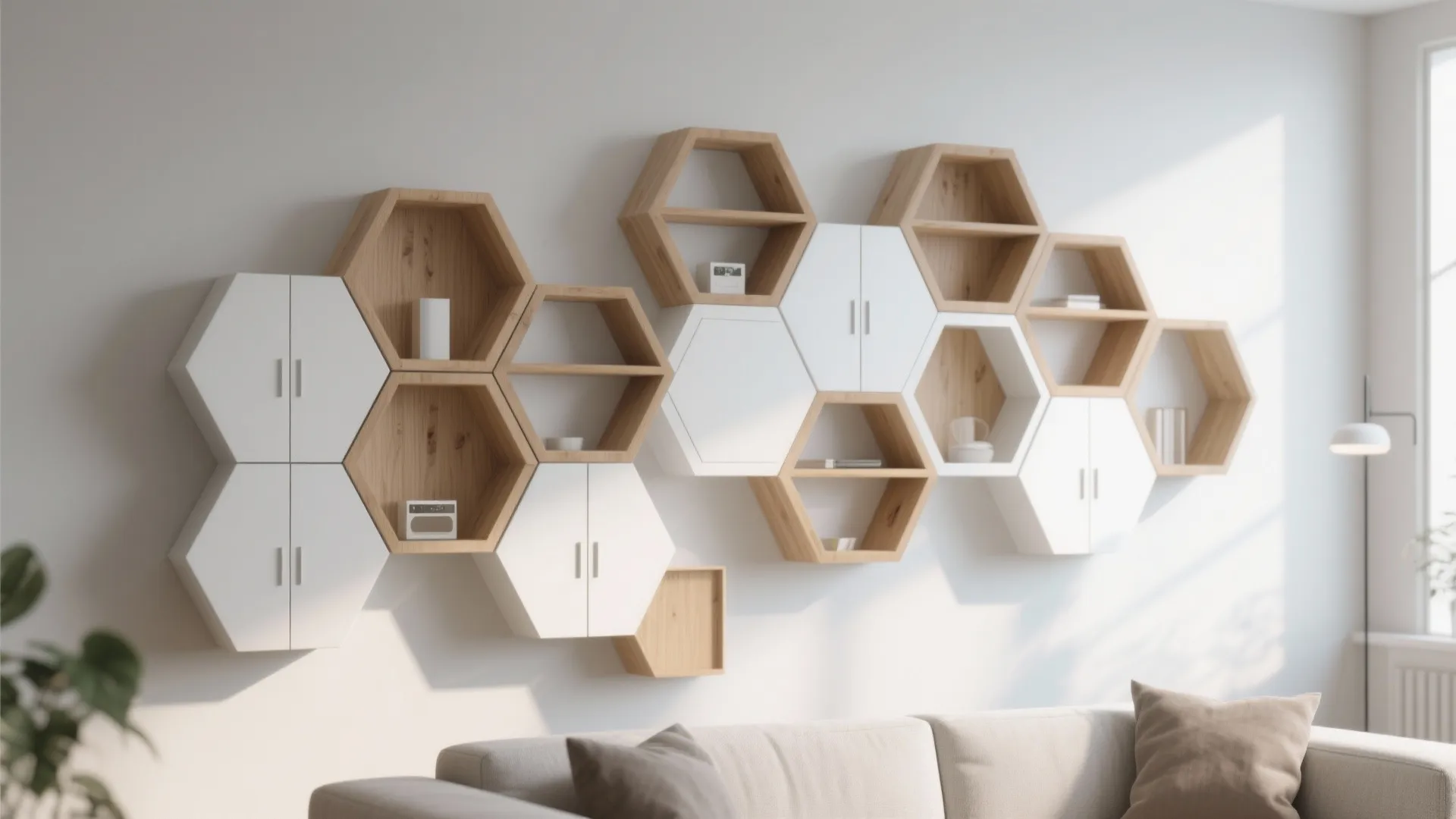 Hexagonal shelves in light wood and white on a living room wall