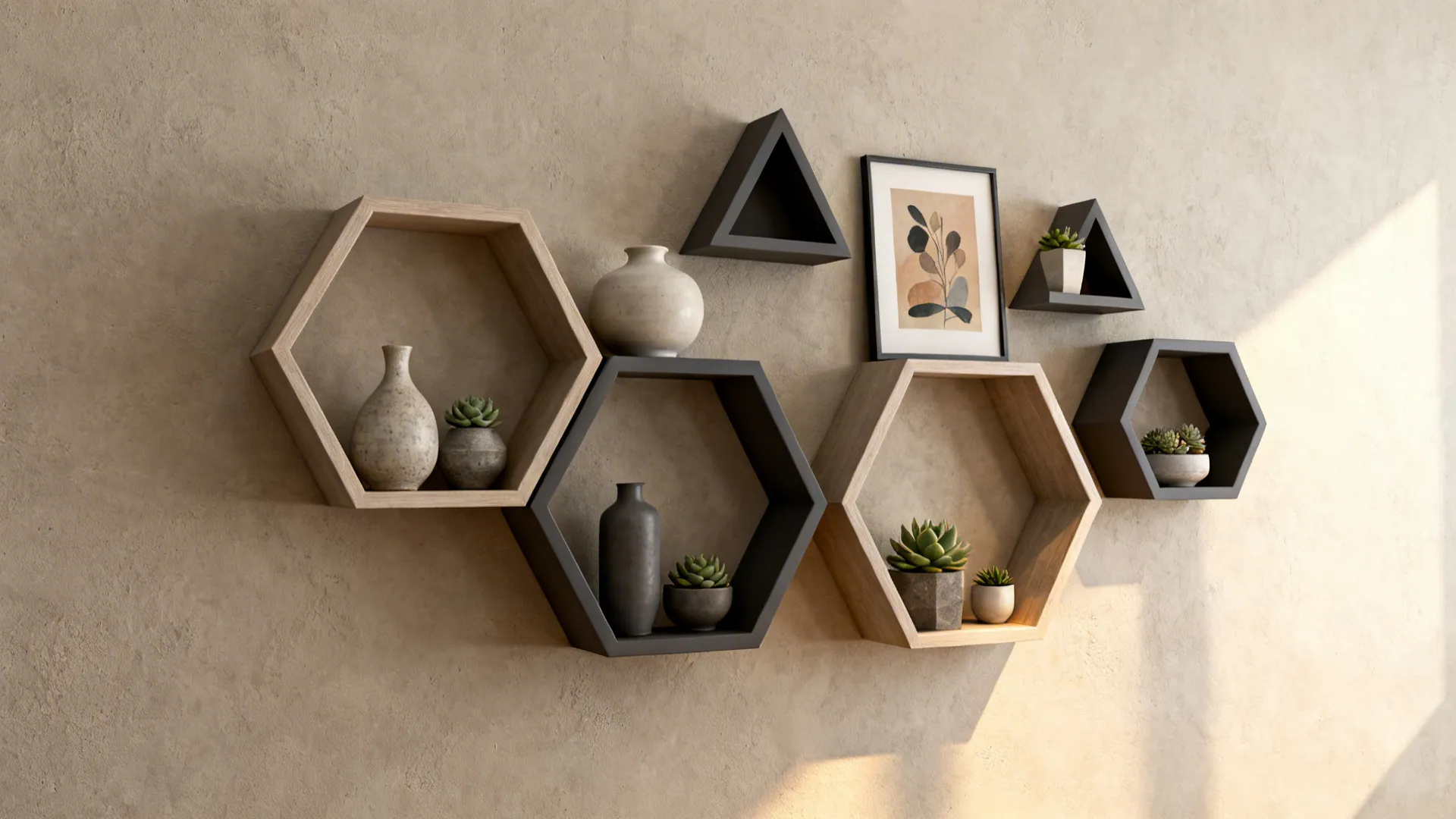 Cluster of hexagon and triangle geometric shelves styled with ceramics and succulents
