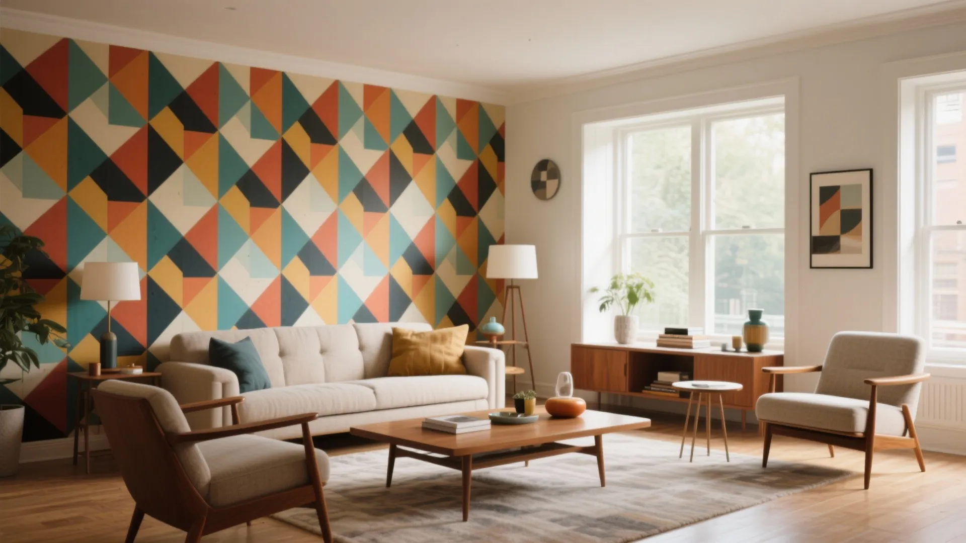 Mid-century living room with bold geometric wallpaper