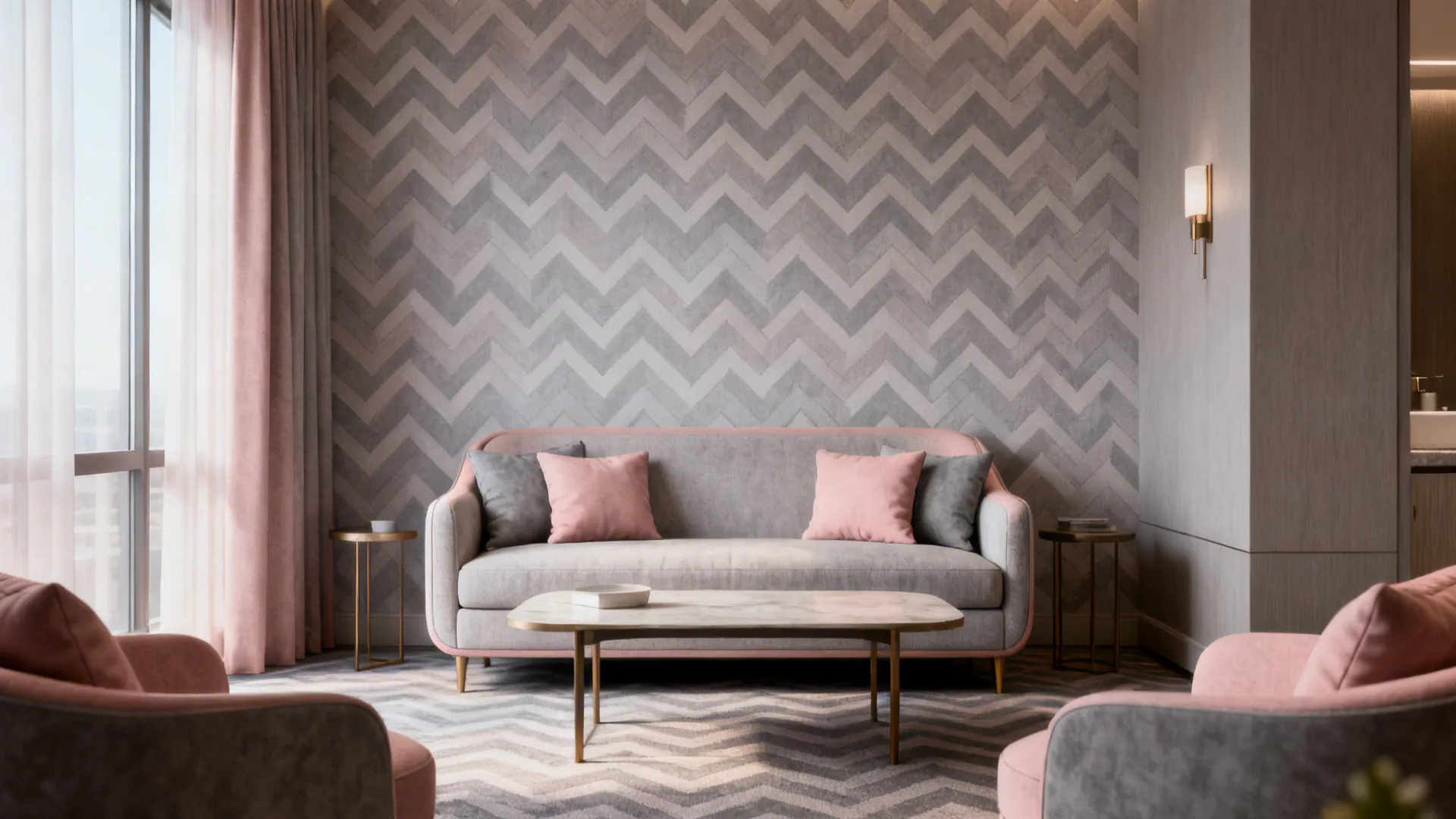 Muted geometric chevron wallpaper behind a sofa in a small living room with coordinated cushions.
