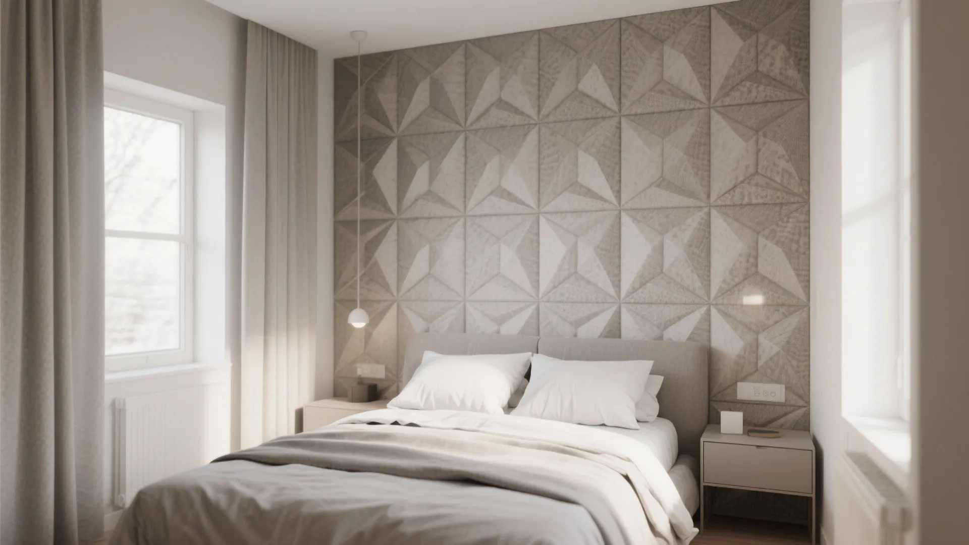 Modern bedroom with grey geometric wall panel behind bed with white pillows and side table