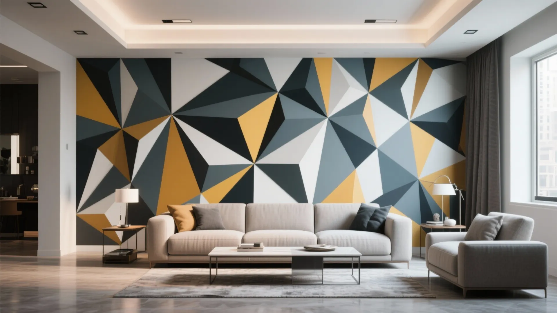 Contemporary living room with bold geometric wallpaper behind sofa