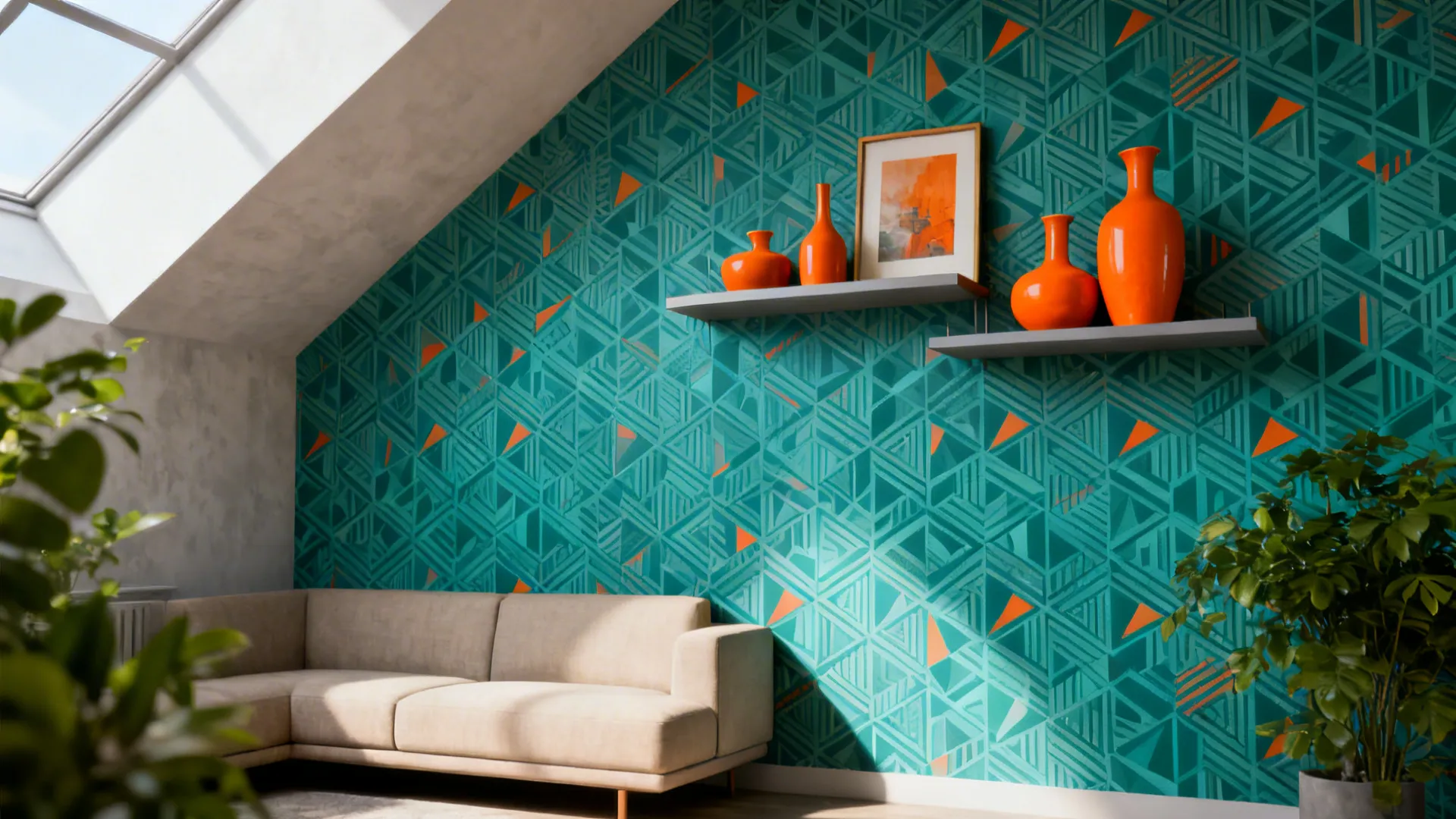 4. Pattern Play: Teal-Geometric Wallpaper + Orange Accents