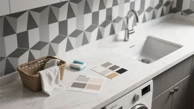Modern Laundry Room with Geometric Tile Backsplash