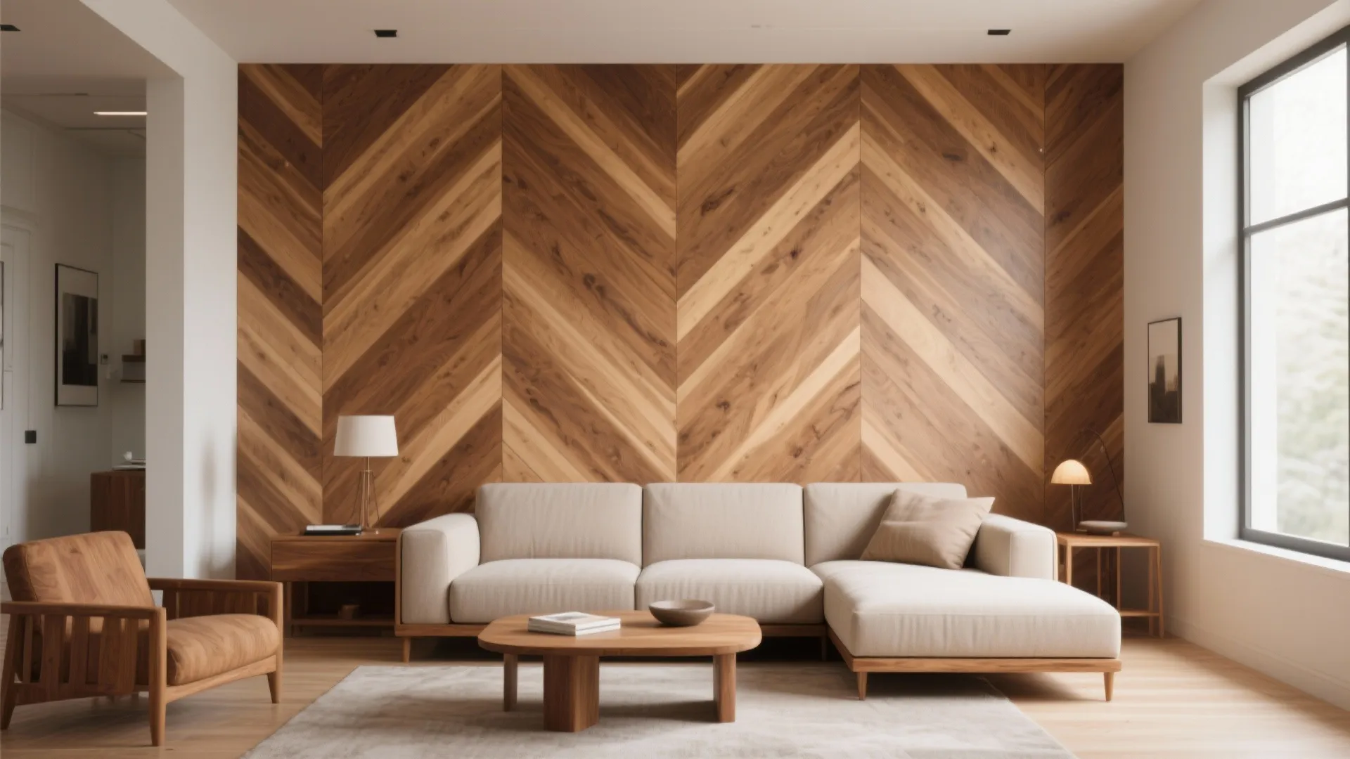 Chevron patterned wood paneling behind a modern sofa