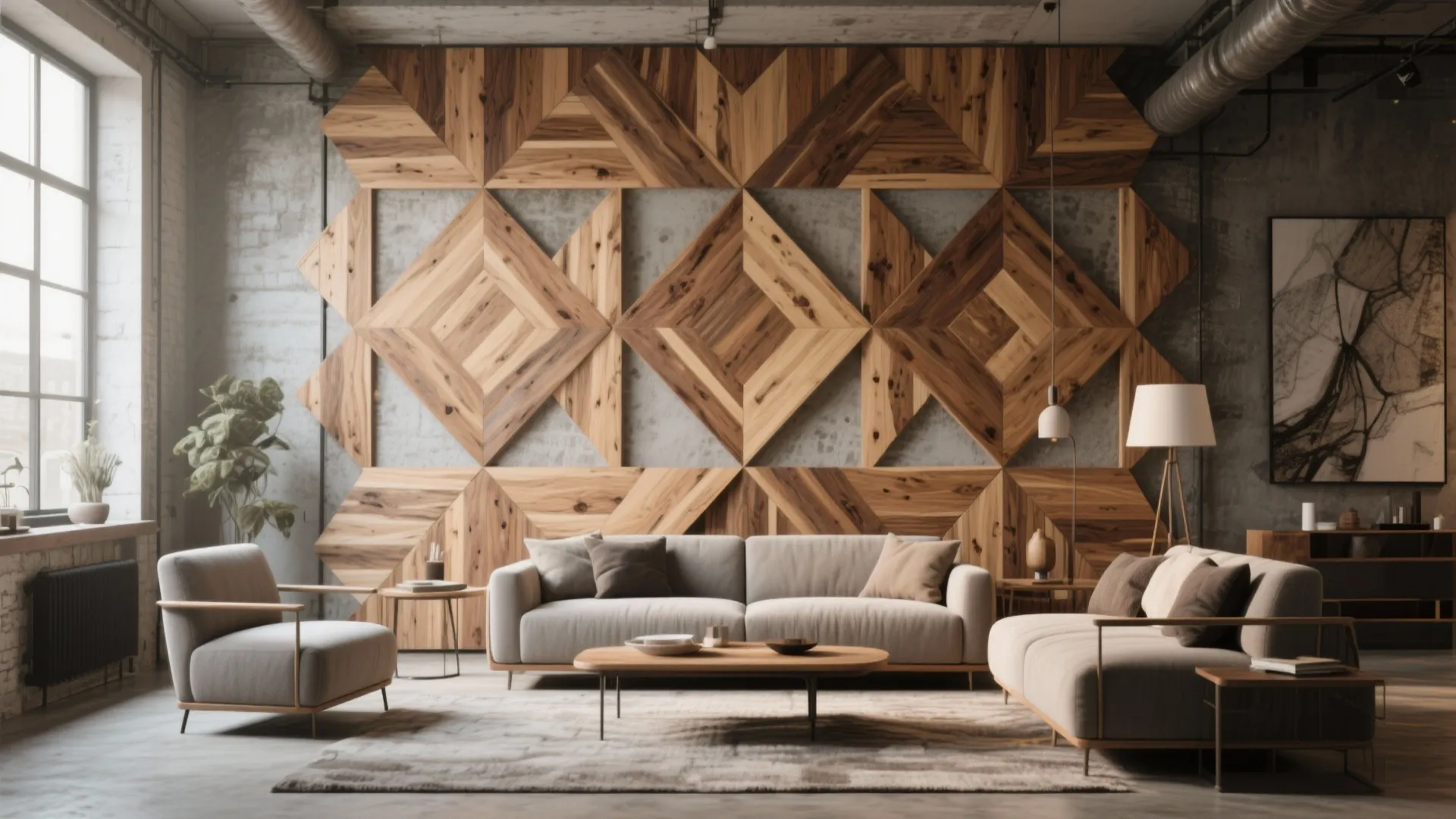 Industrial living room with diamond wood wall panel grey sofa wooden table and floor lamp