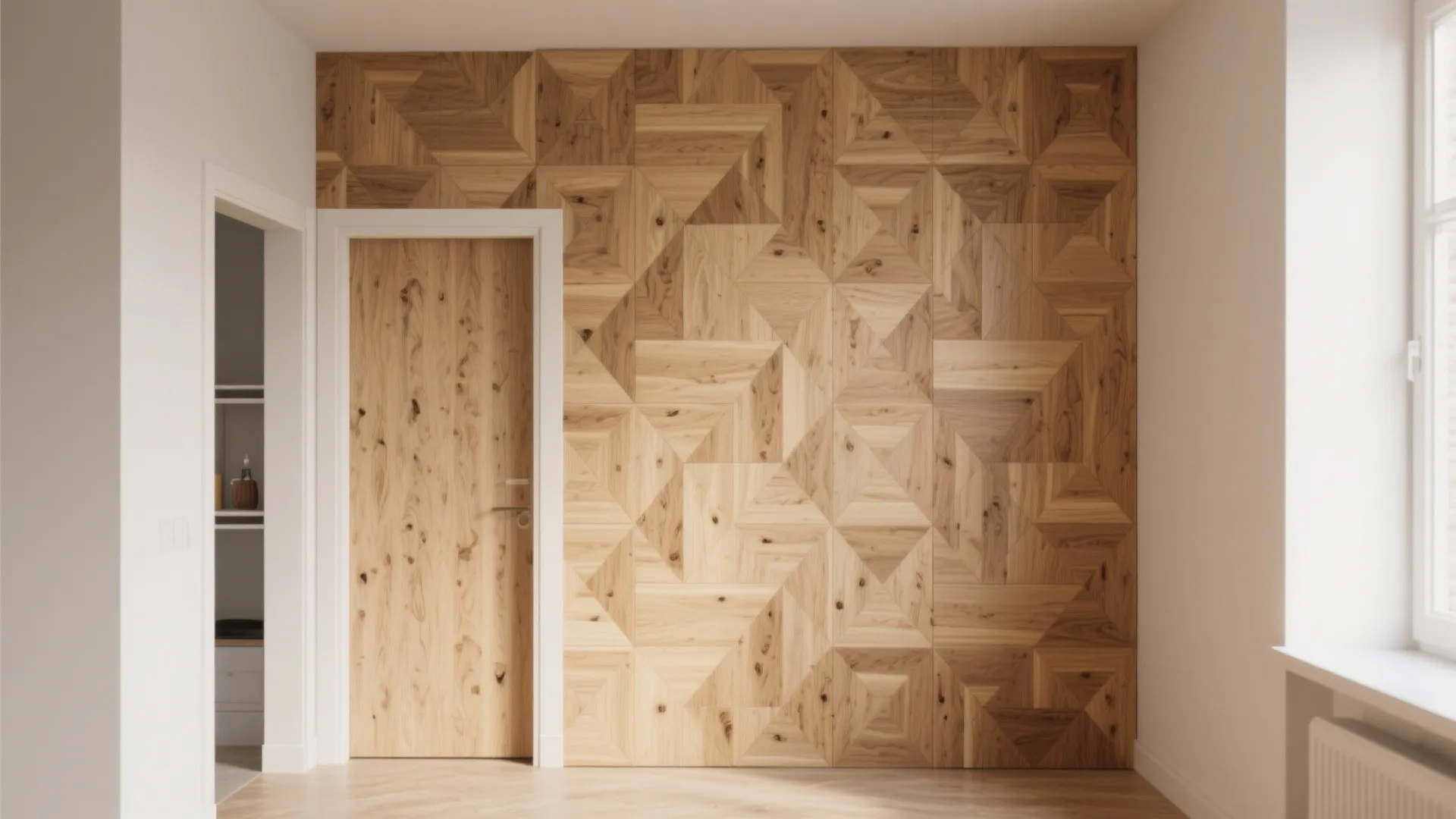 Minimalist room featuring a geometric wood wall panel design with a matching wooden door and floor