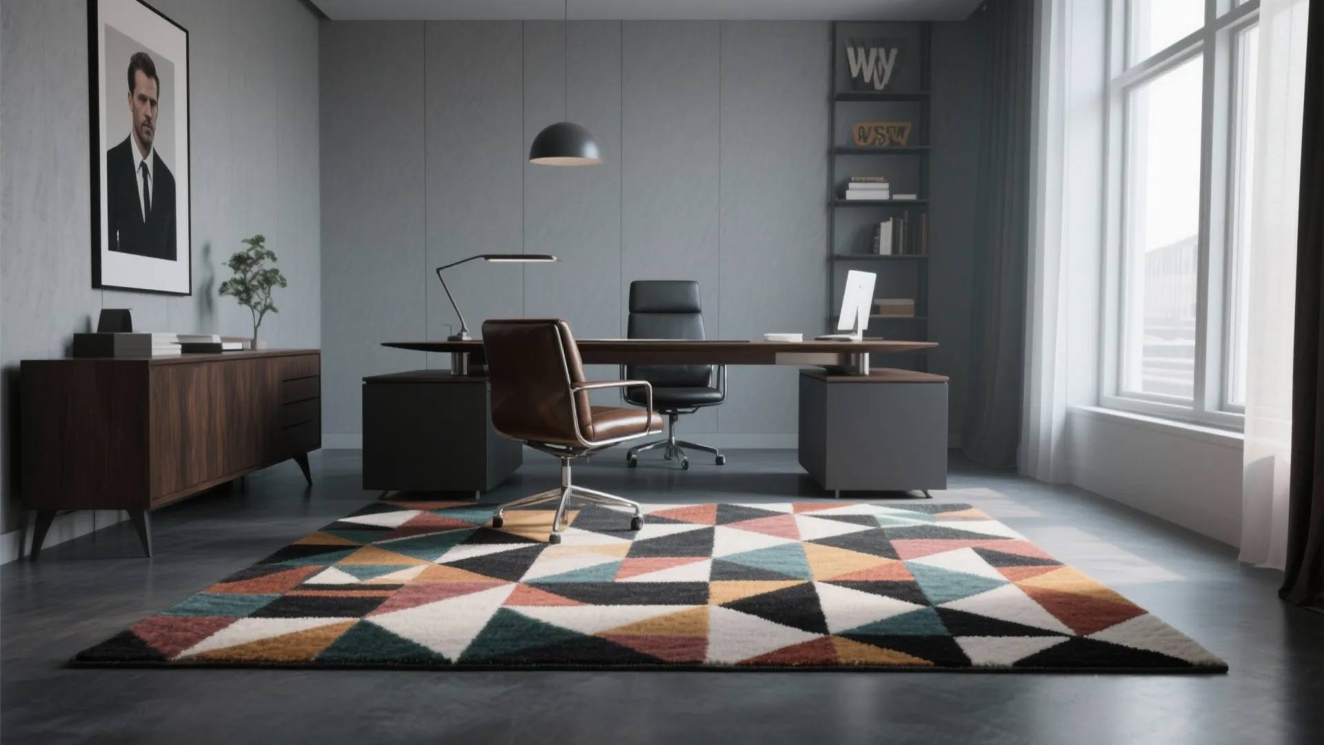Office with bold geometric wool rug under desk area