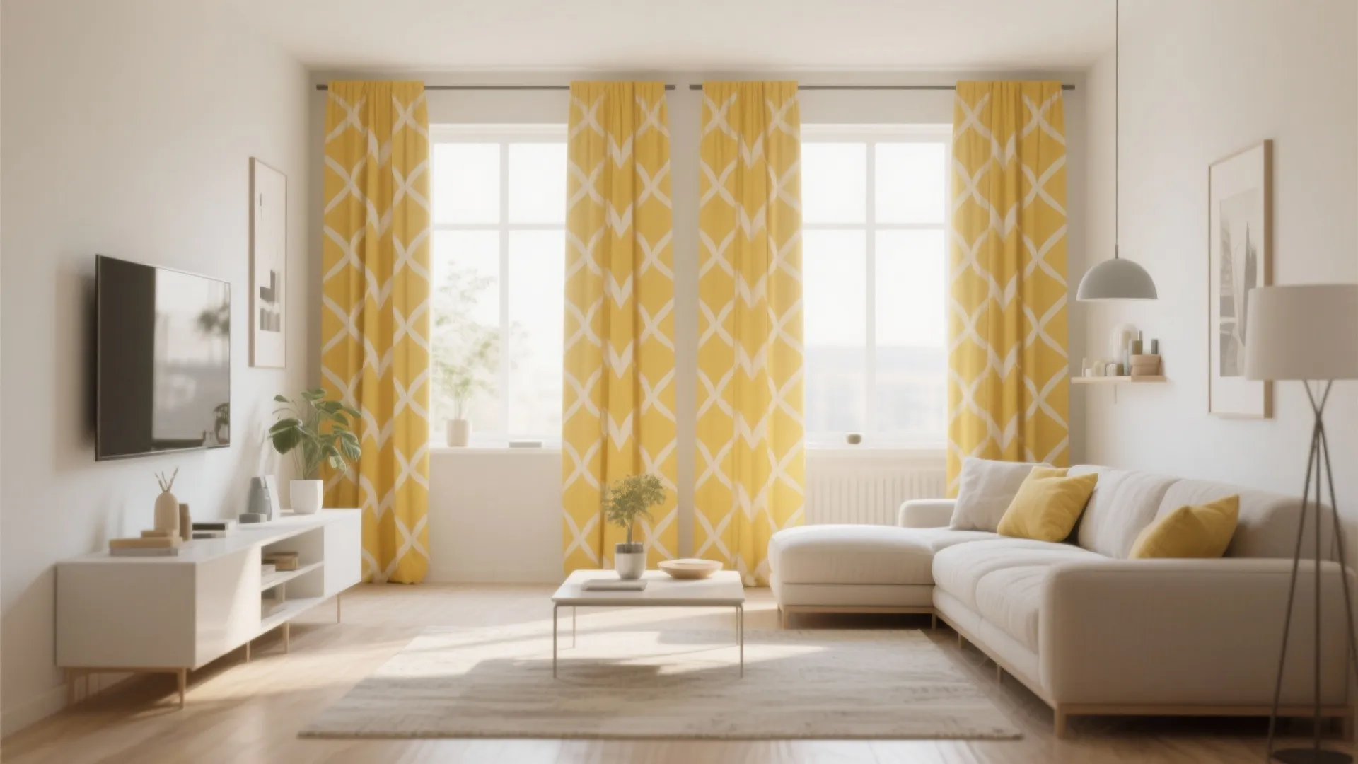 Modern living room featuring yellow curtains with white patterns a white sofa and television unit