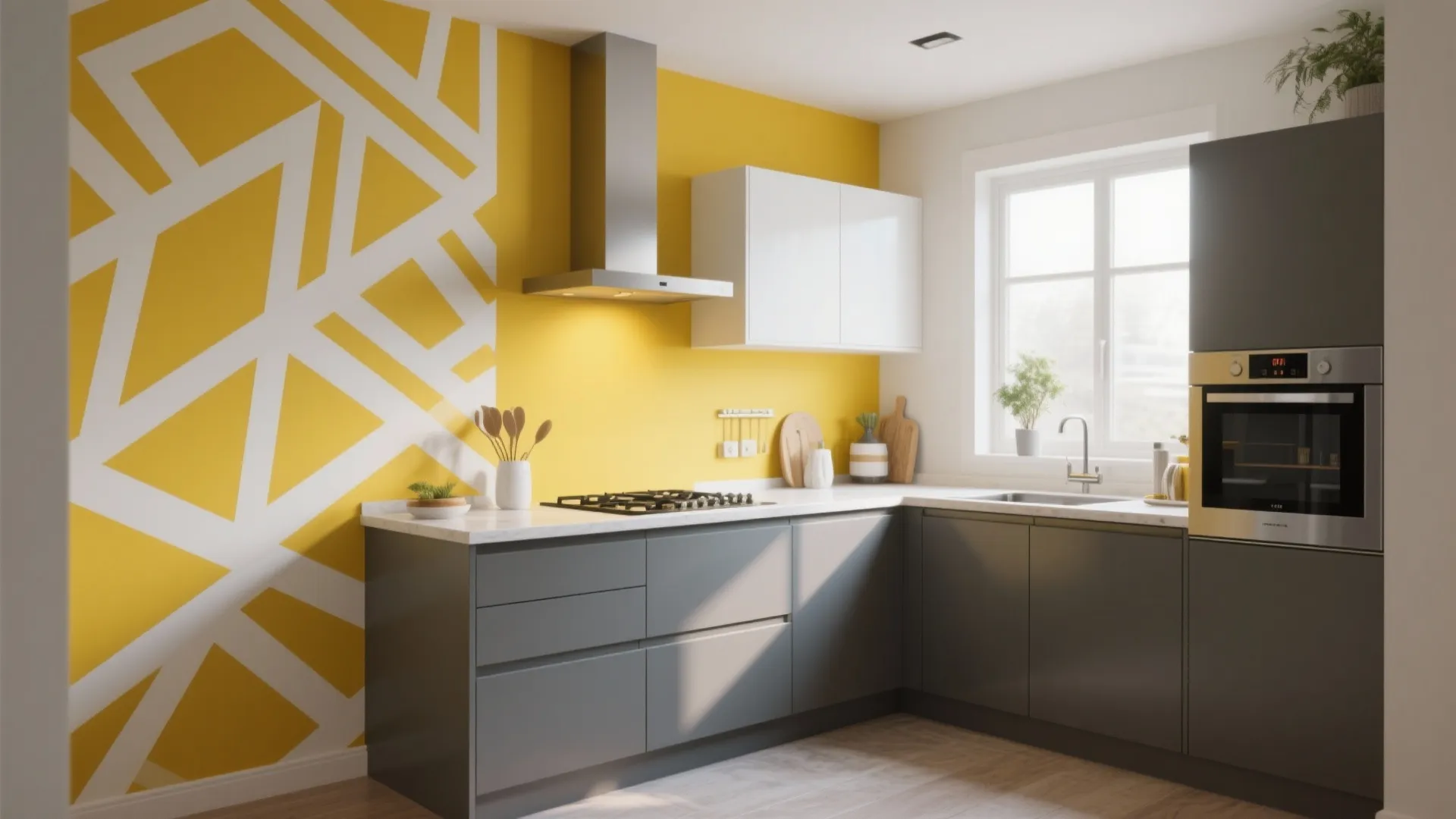 Modern kitchen with grey cabinets yellow wall white vent hood wooden floor and natural window light