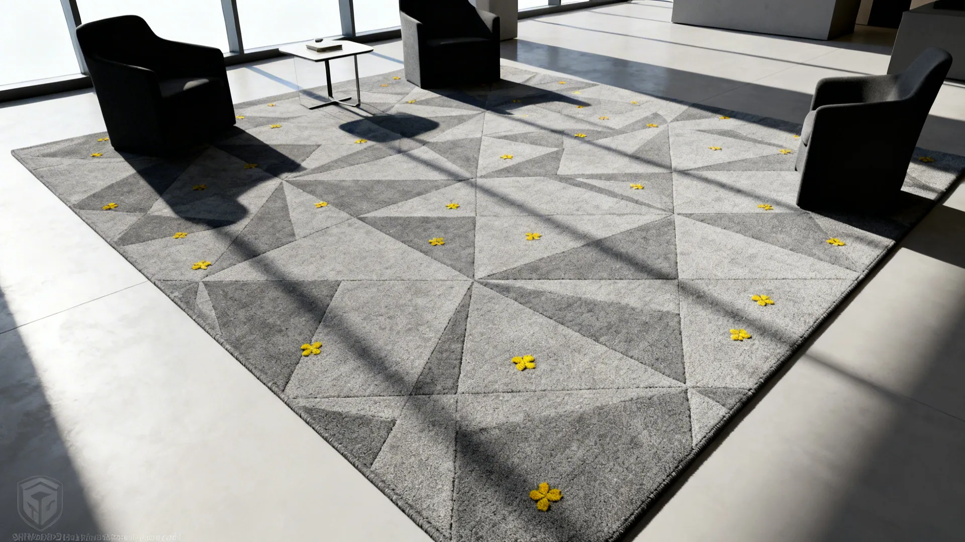 Modern living room with a gray geometric rug and scattered yellow motifs