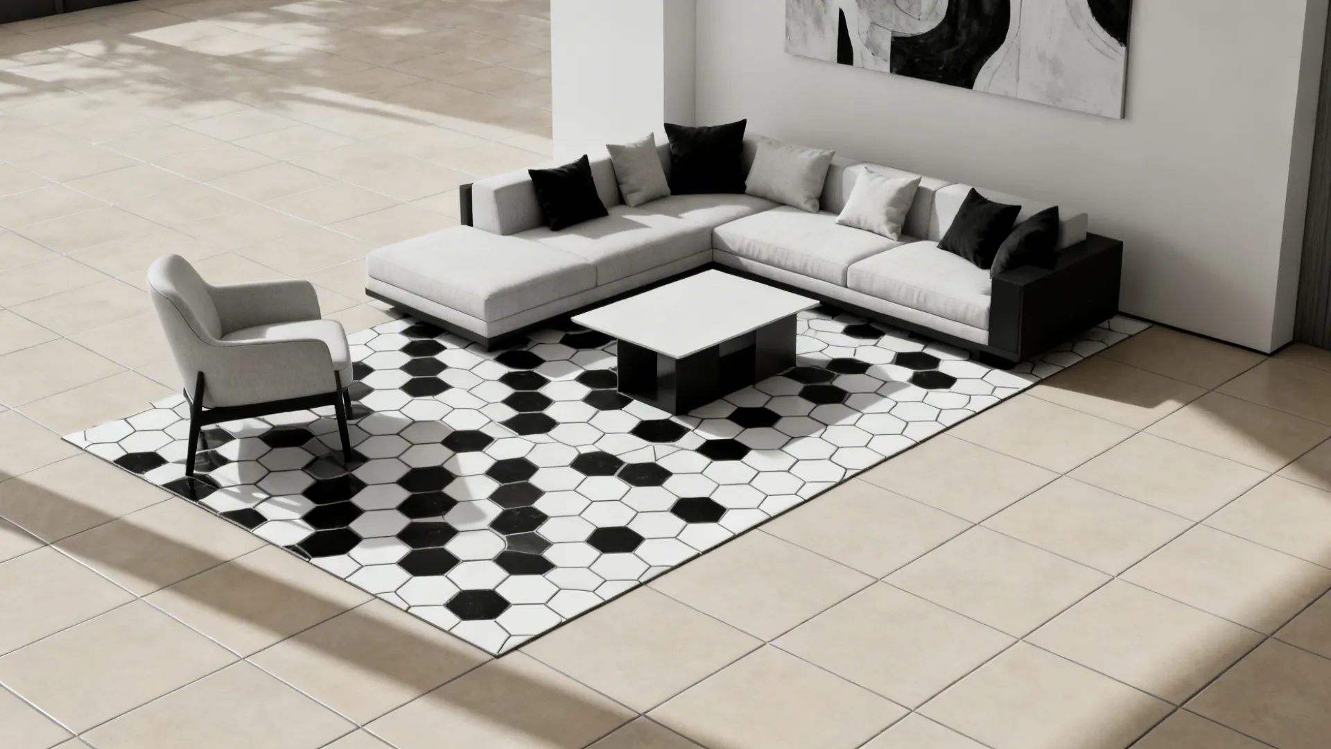 Geometric black-and-white hex tiles zone a seating area within a small living room.