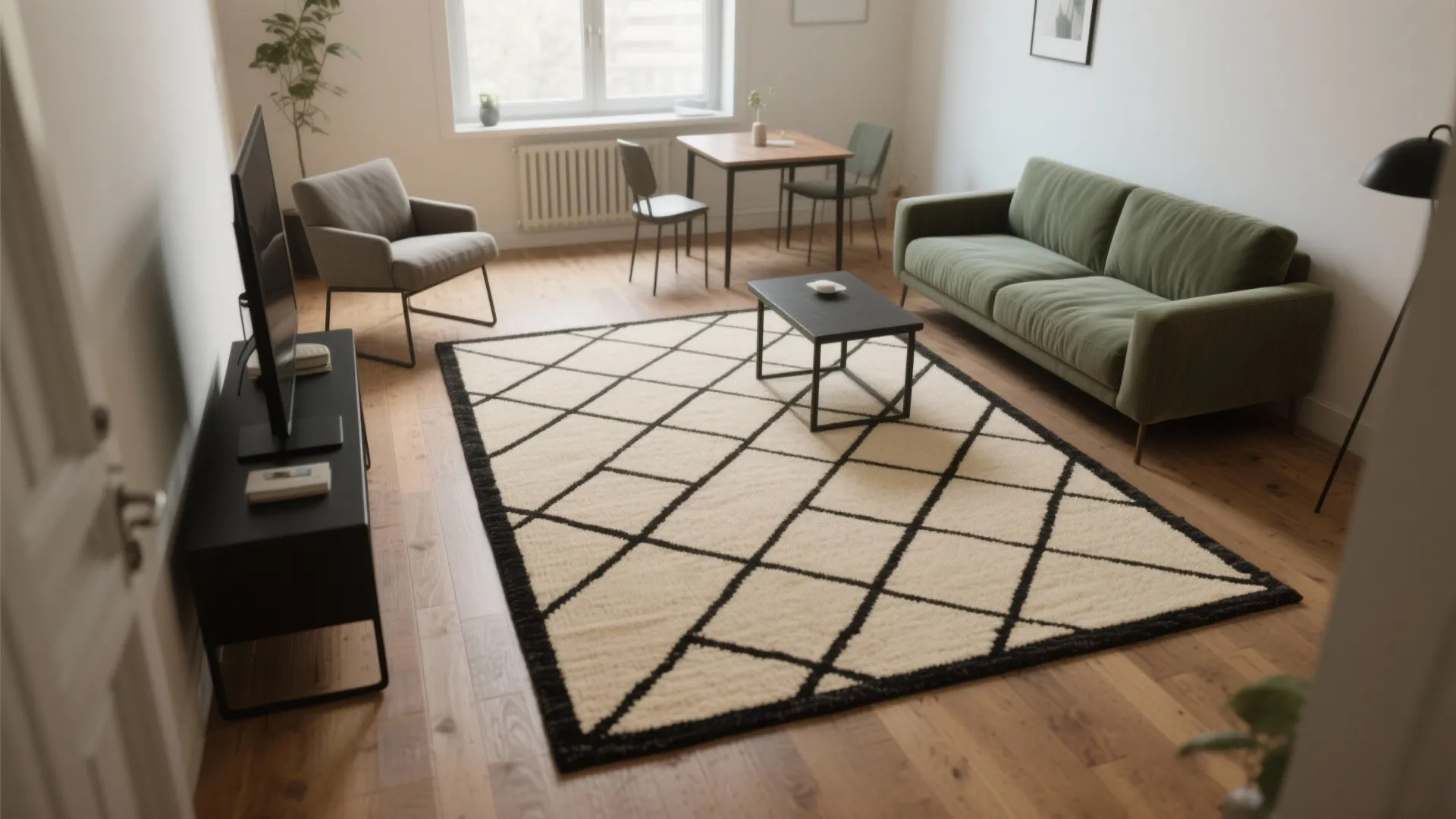 1. Use a geometric black and beige rug to define zones