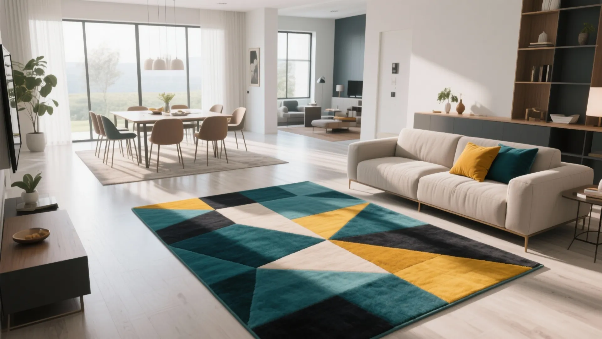 Open-plan living area where a bold geometric multicolor rug defines the seating zone separate from dining.