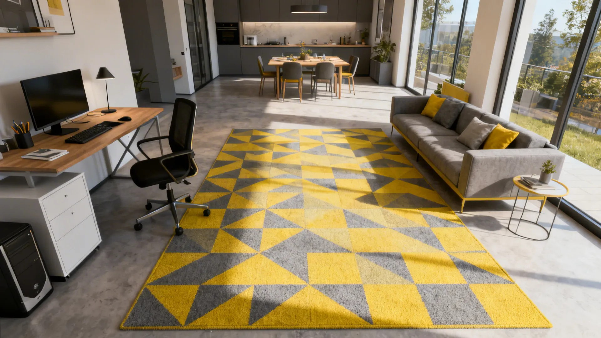 Open living area with a yellow-and-gray geometric rug defining seating and workspace zones