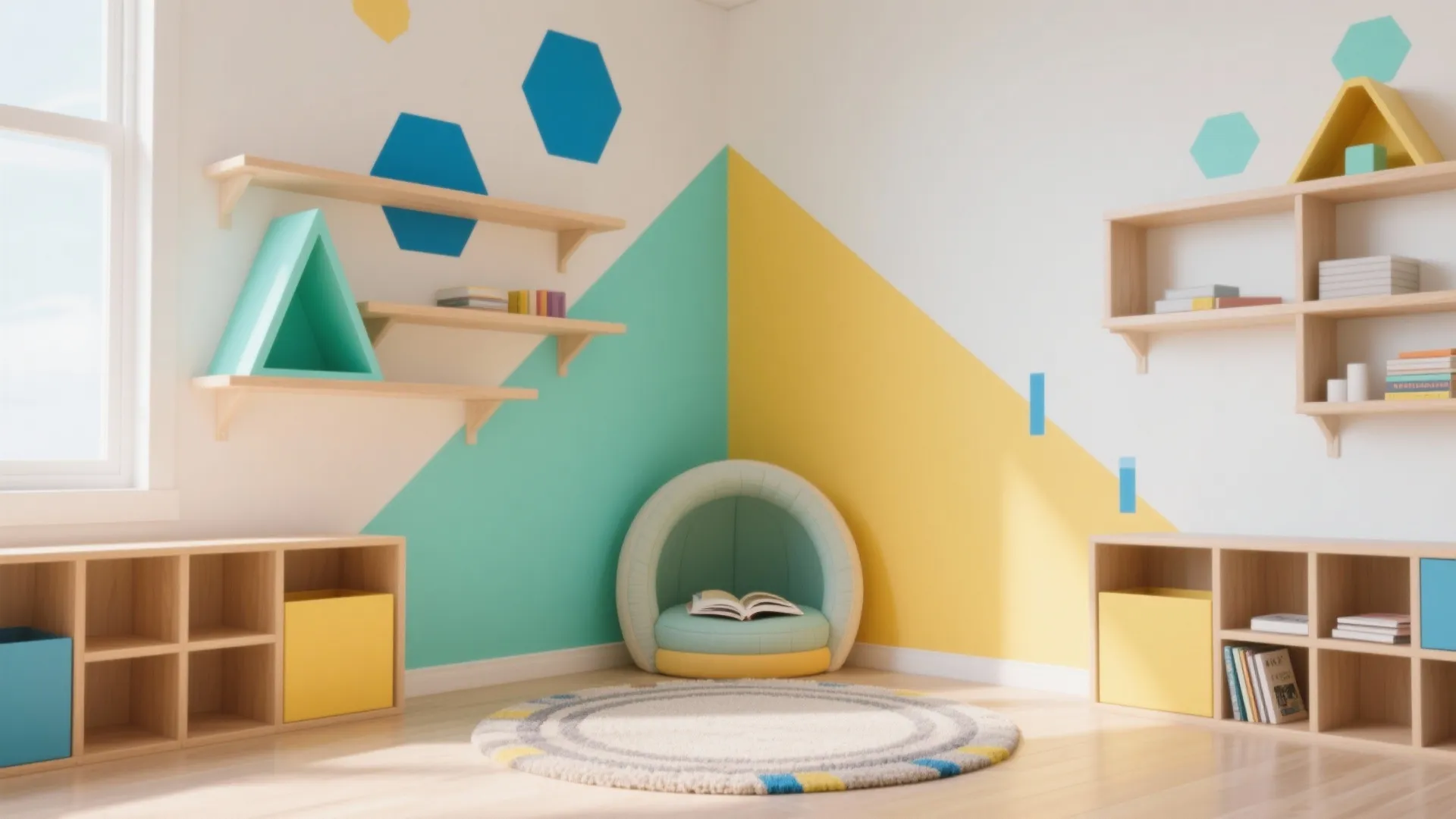Modern kids play area with geometric wall paint wooden wall shelves round rug and reading nook
